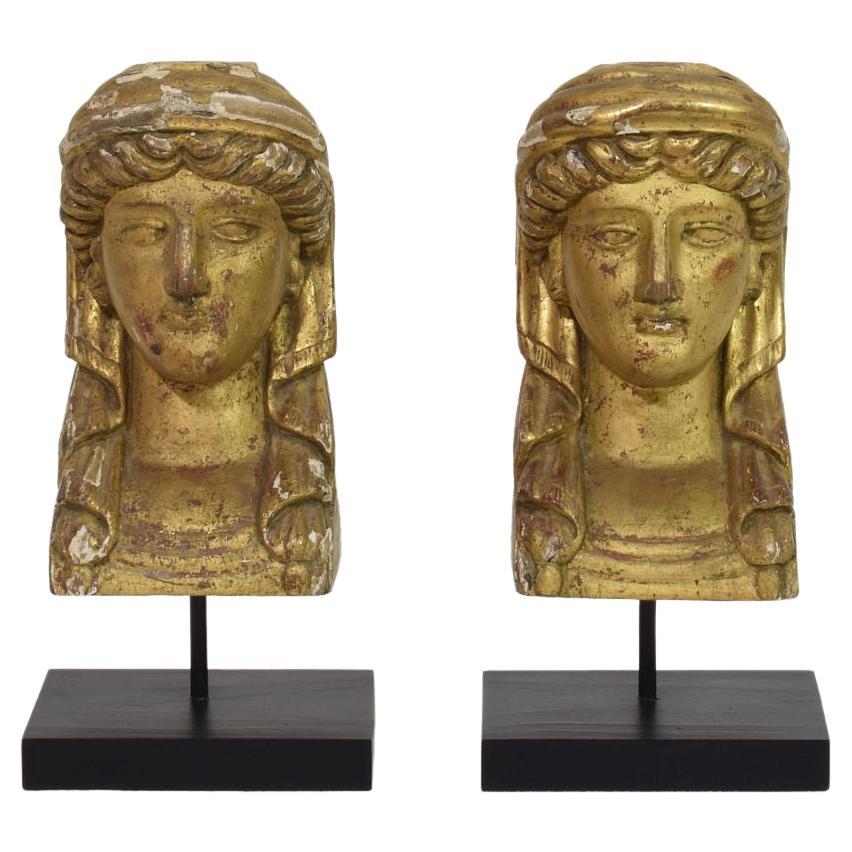 Pair French Early 19th Century Hand Carved Giltwood  Empire Style Head Ornaments For Sale