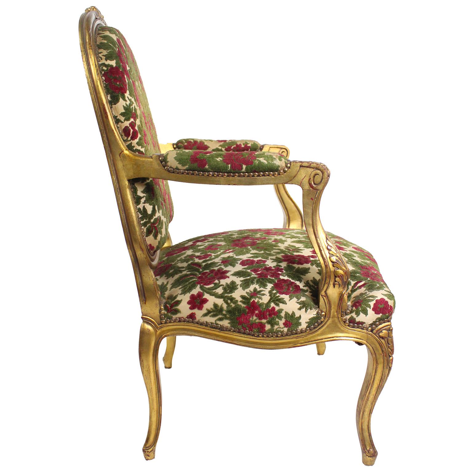 Pair French Early 20th Century Louis XV Style Giltwood Carved Fauteuil Armchairs For Sale 8