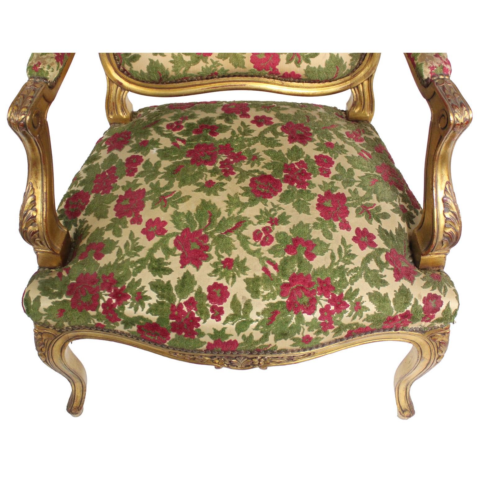Pair French Early 20th Century Louis XV Style Giltwood Carved Fauteuil Armchairs For Sale 11