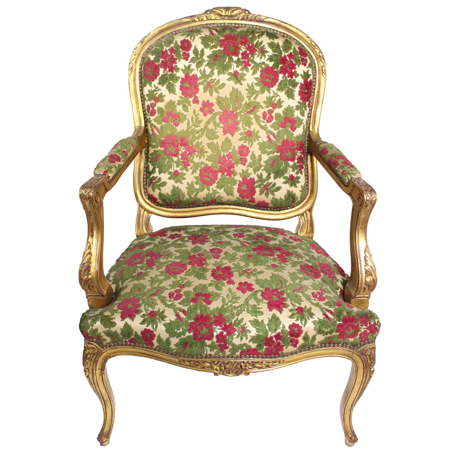 Hand-Carved Pair French Early 20th Century Louis XV Style Giltwood Carved Fauteuil Armchairs For Sale