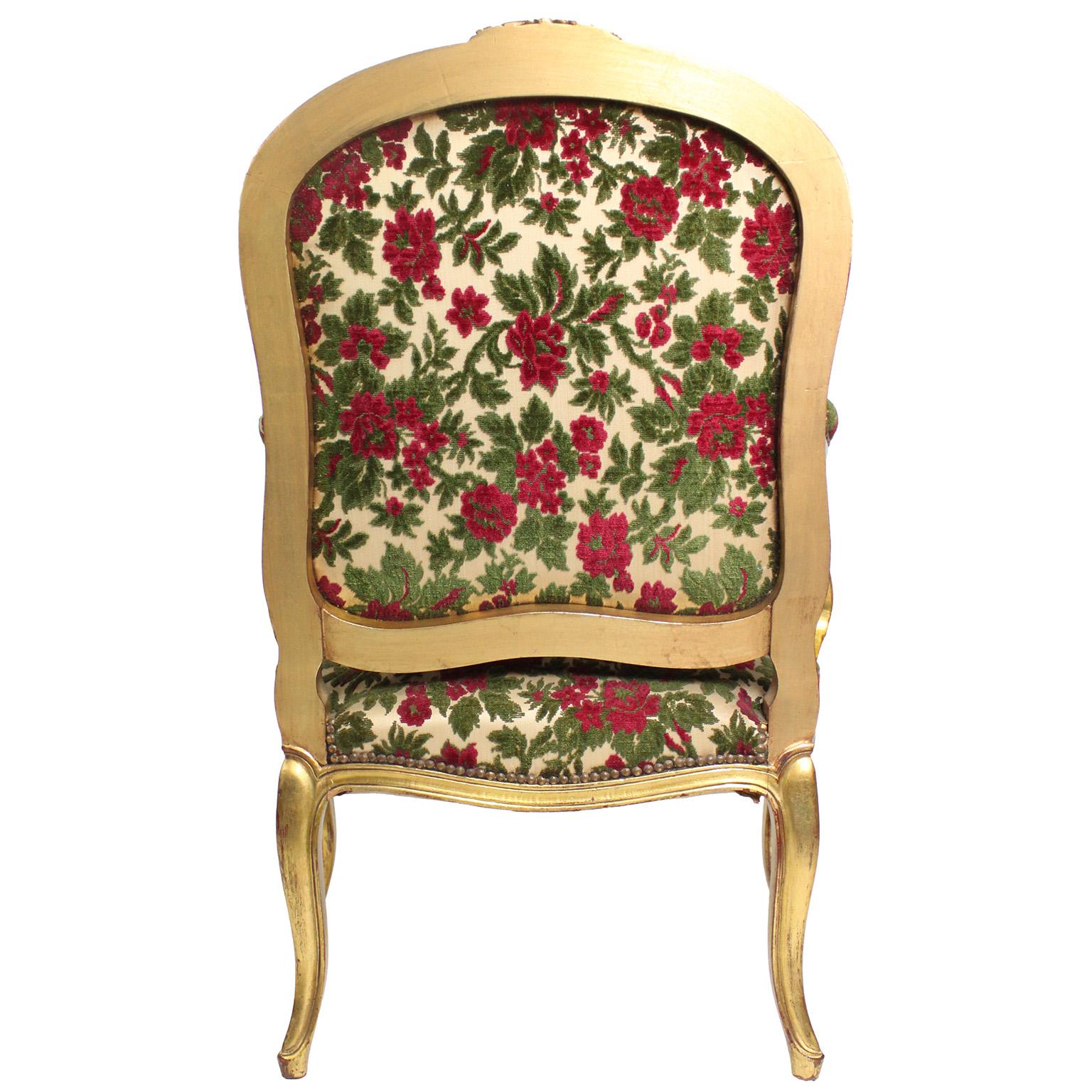Fabric Pair French Early 20th Century Louis XV Style Giltwood Carved Fauteuil Armchairs For Sale