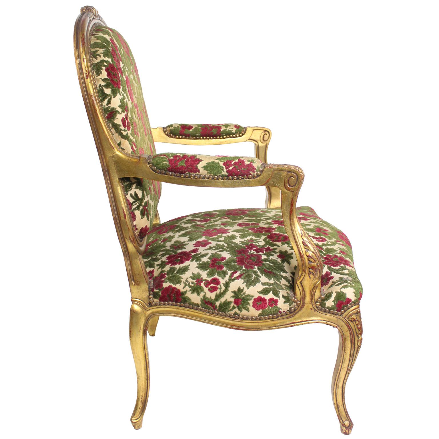 Pair French Early 20th Century Louis XV Style Giltwood Carved Fauteuil Armchairs For Sale 1