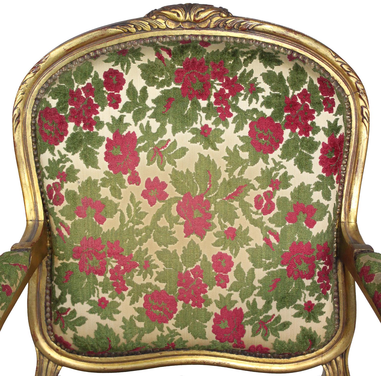 Pair French Early 20th Century Louis XV Style Giltwood Carved Fauteuil Armchairs For Sale 2