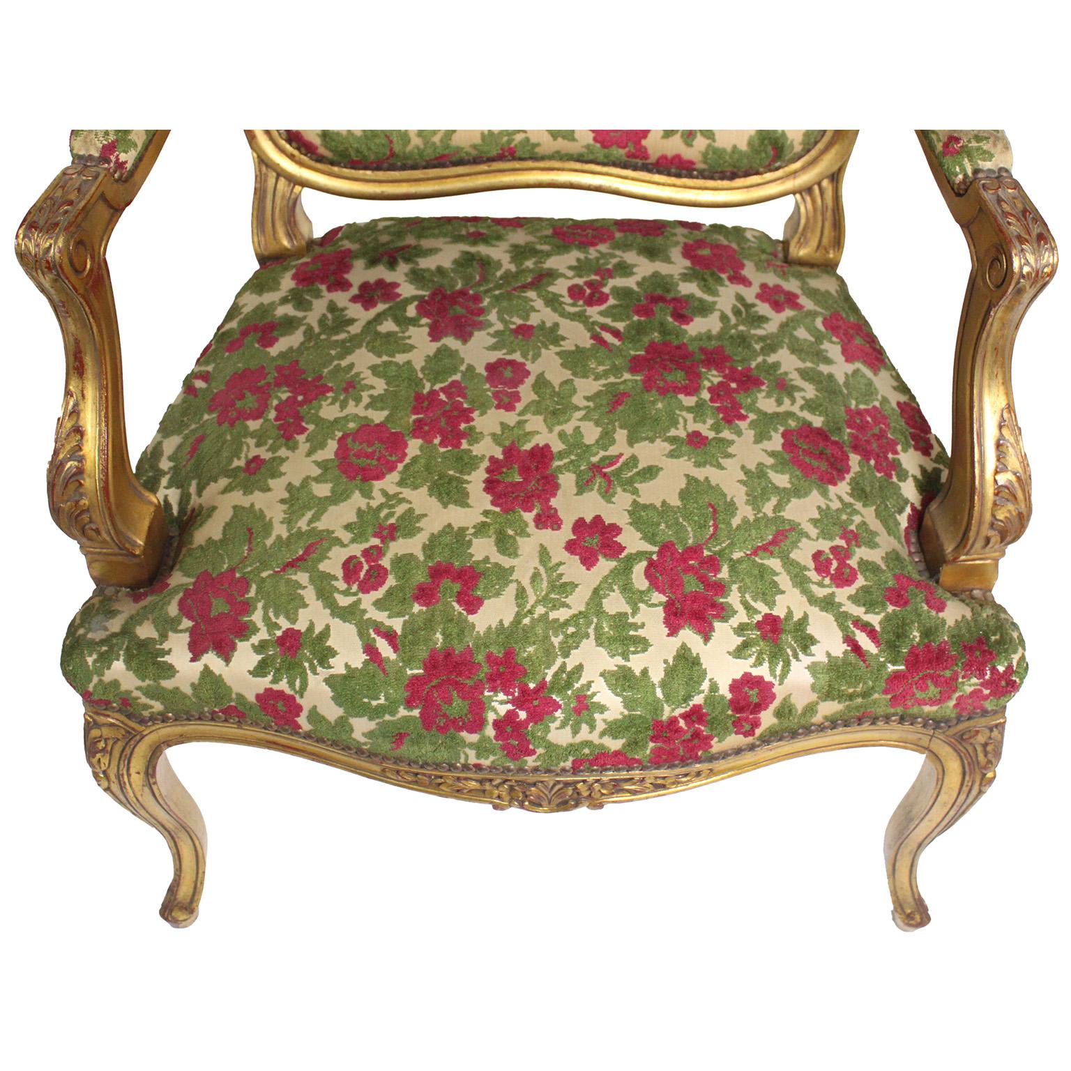 Pair French Early 20th Century Louis XV Style Giltwood Carved Fauteuil Armchairs For Sale 3