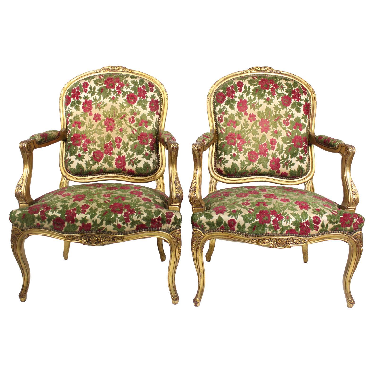 Pair French Early 20th Century Louis XV Style Giltwood Carved Fauteuil Armchairs