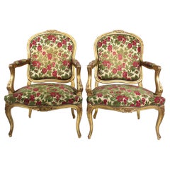 Pair French Early 20th Century Louis XV Style Giltwood Carved Fauteuil Armchairs