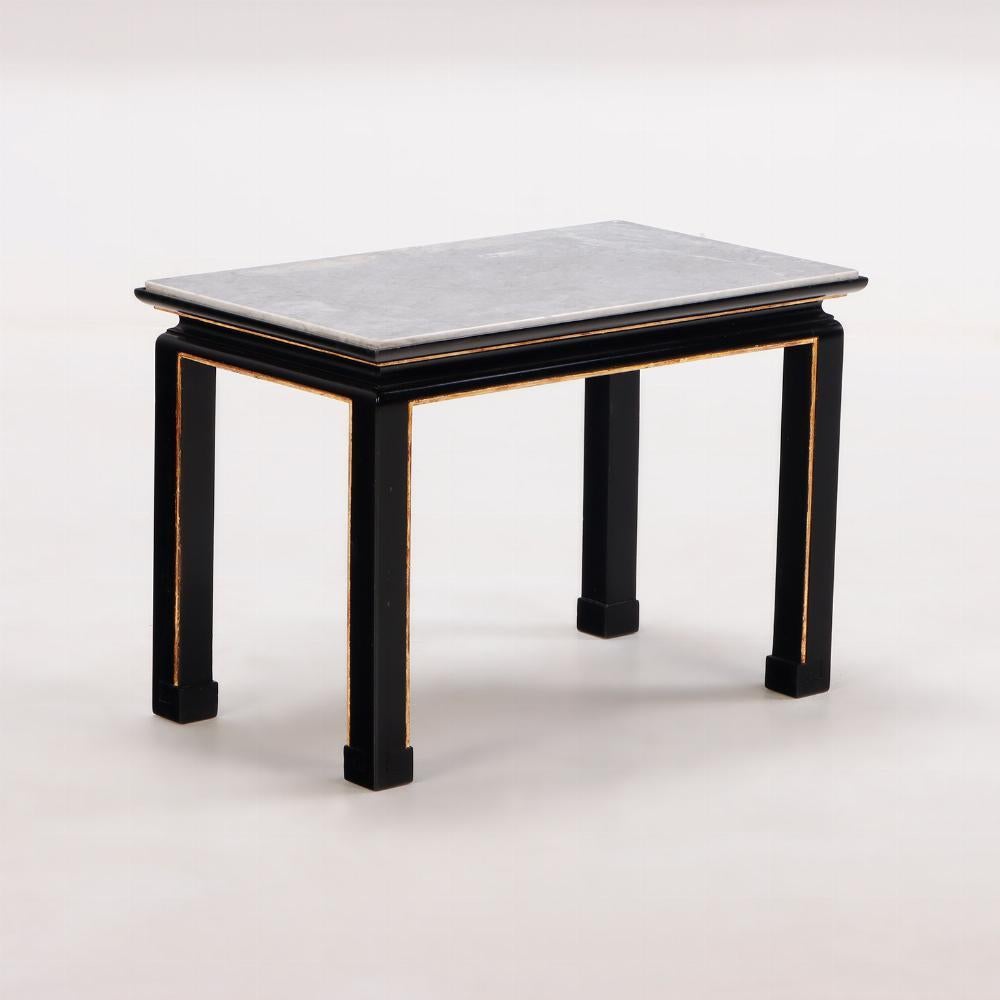 Pair French ebonized and giltwood marble top end tables C 1950 in the manner of James Mont (1904-1978). Mont was often known for Chinese-inspired pieces.