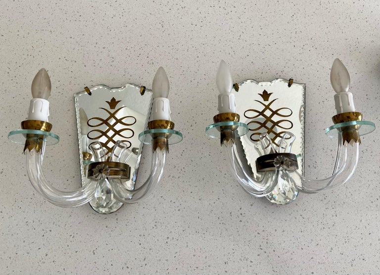 Pair of French Eglomise Mirrored Brass Wall Sconces For Sale 10