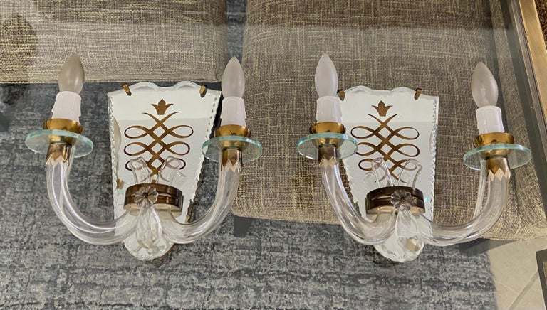 Mid-20th Century Pair of French Eglomise Mirrored Brass Wall Sconces For Sale
