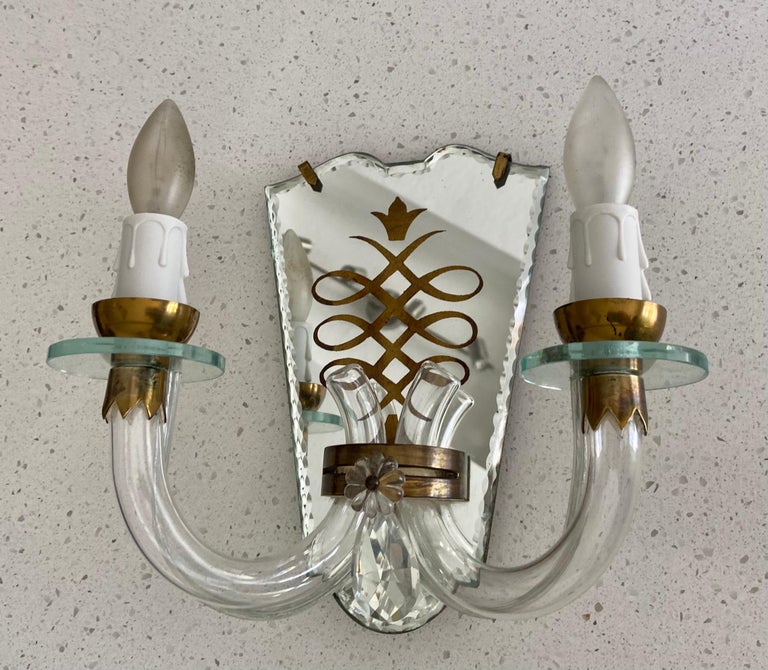 Pair of French Eglomise Mirrored Brass Wall Sconces For Sale 1