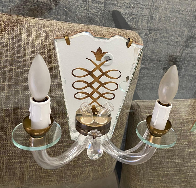 Pair of French Eglomise Mirrored Brass Wall Sconces For Sale 2