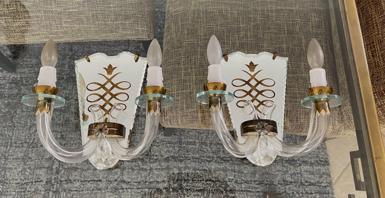 Pair of French Eglomise Mirrored Brass Wall Sconces For Sale 3