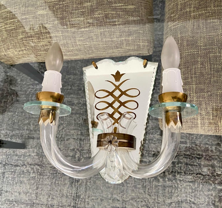 Pair of French Eglomise Mirrored Brass Wall Sconces For Sale 4