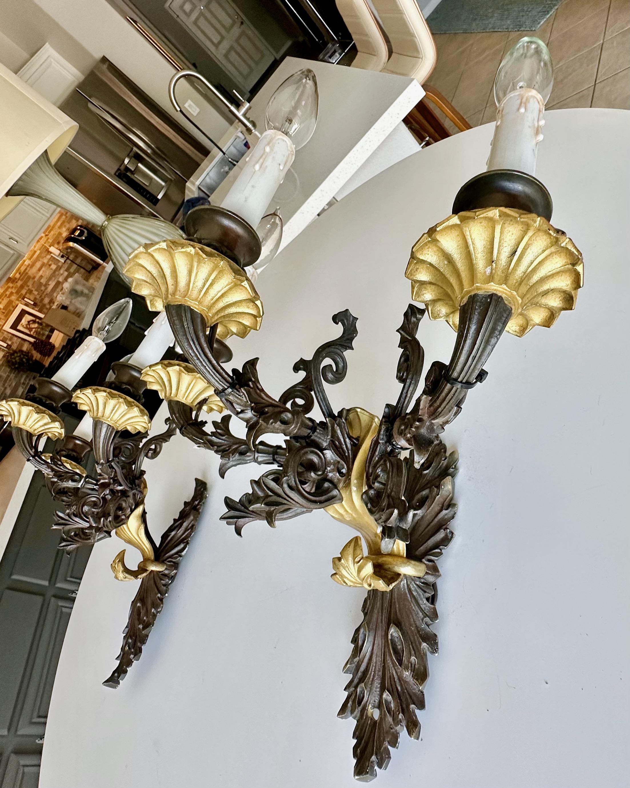 Pair French Empire 3 Arm Bronze Wall Sconces For Sale 6