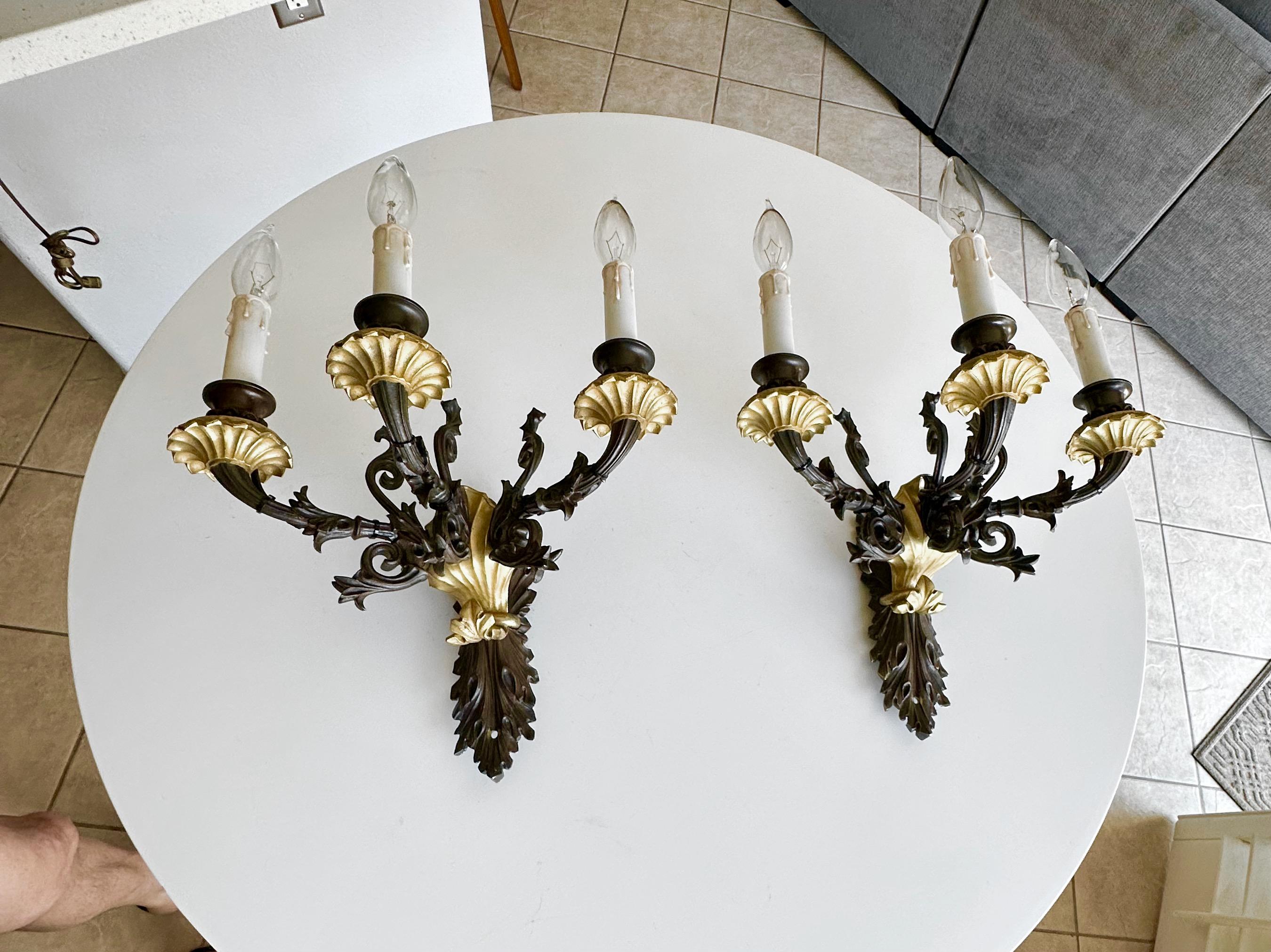 Pair French Empire 3 Arm Bronze Wall Sconces For Sale 15