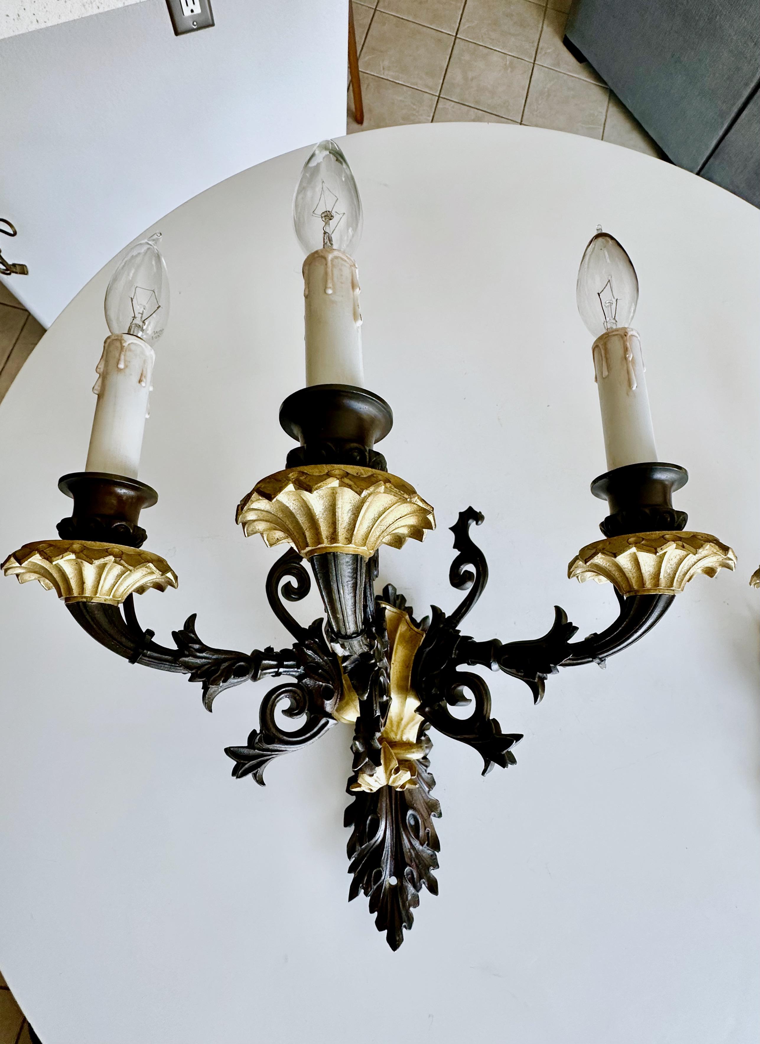 Pair French Empire 3 Arm Bronze Wall Sconces For Sale 16