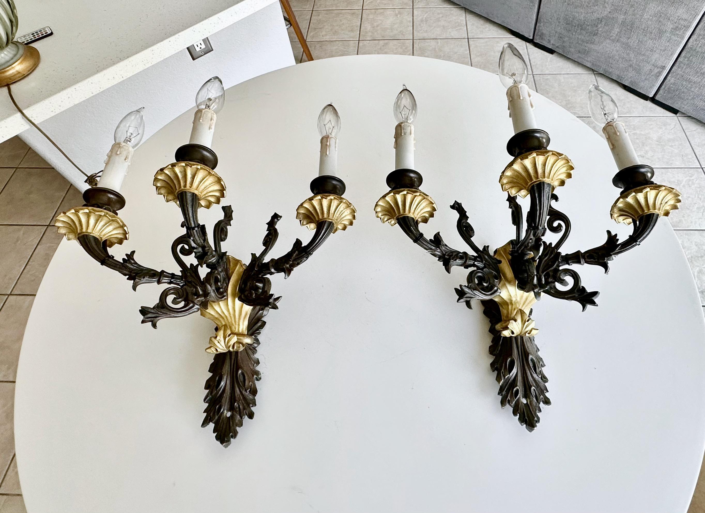 Pair French Empire 3 Arm Bronze Wall Sconces In Good Condition For Sale In Palm Springs, CA