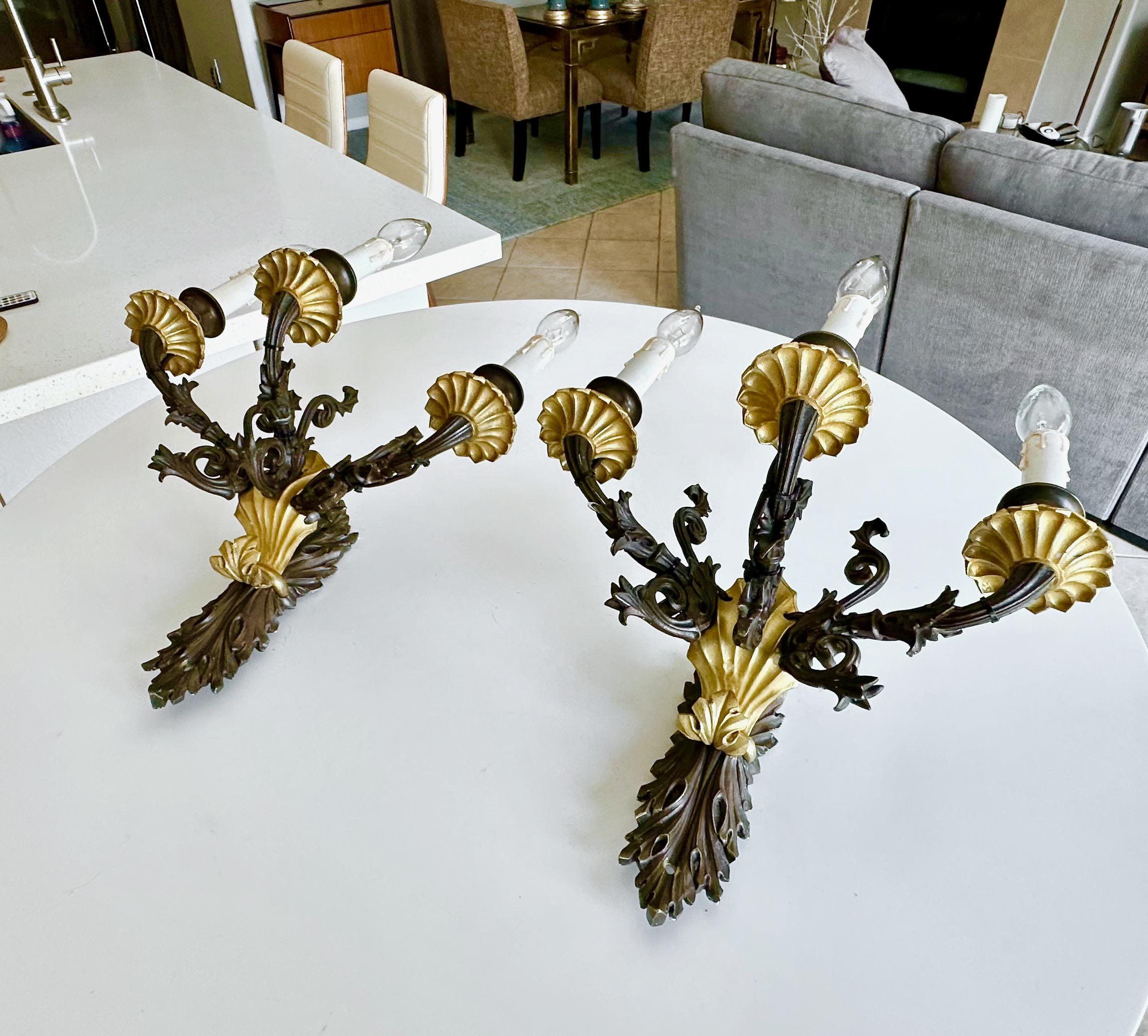 19th Century Pair French Empire 3 Arm Bronze Wall Sconces For Sale