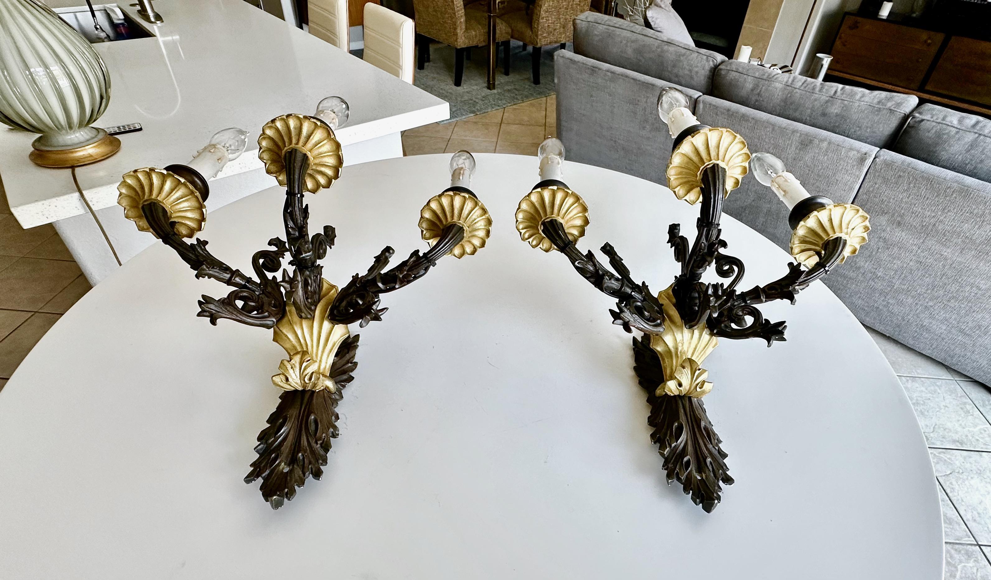 Pair French Empire 3 Arm Bronze Wall Sconces For Sale 1