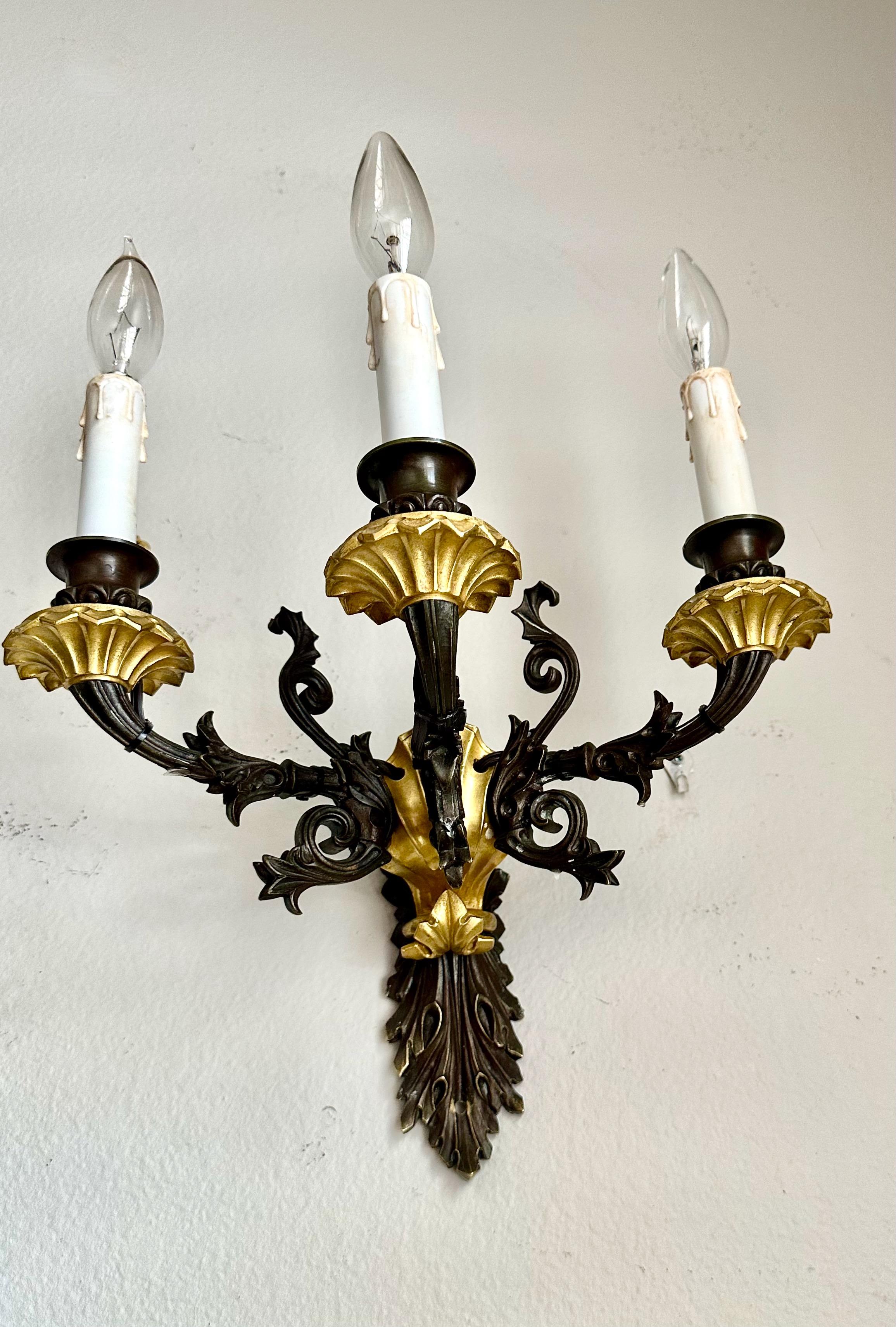 Pair French Empire 3 Arm Bronze Wall Sconces For Sale 2
