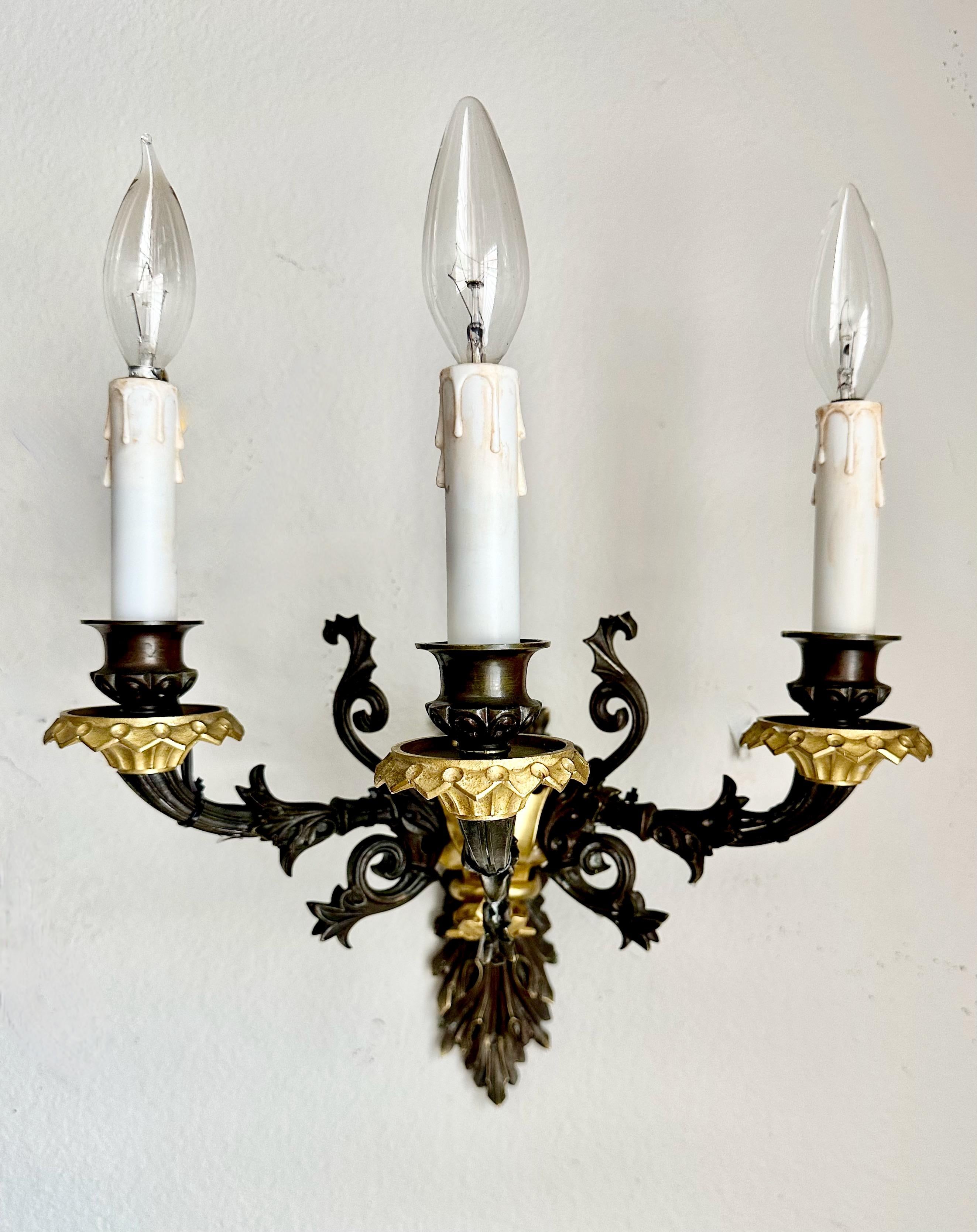 Pair French Empire 3 Arm Bronze Wall Sconces For Sale 3
