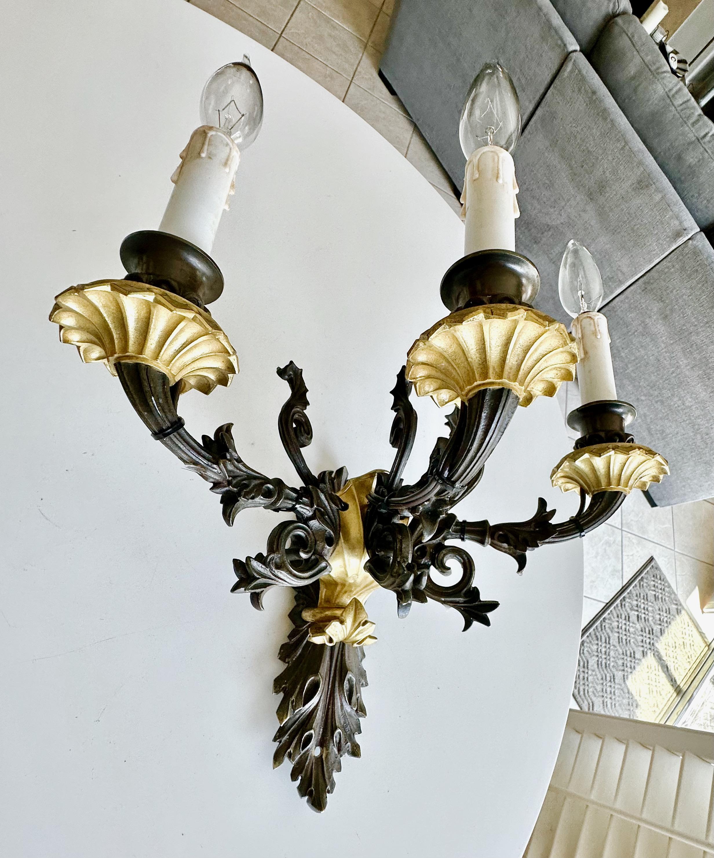 Pair French Empire 3 Arm Bronze Wall Sconces For Sale 4