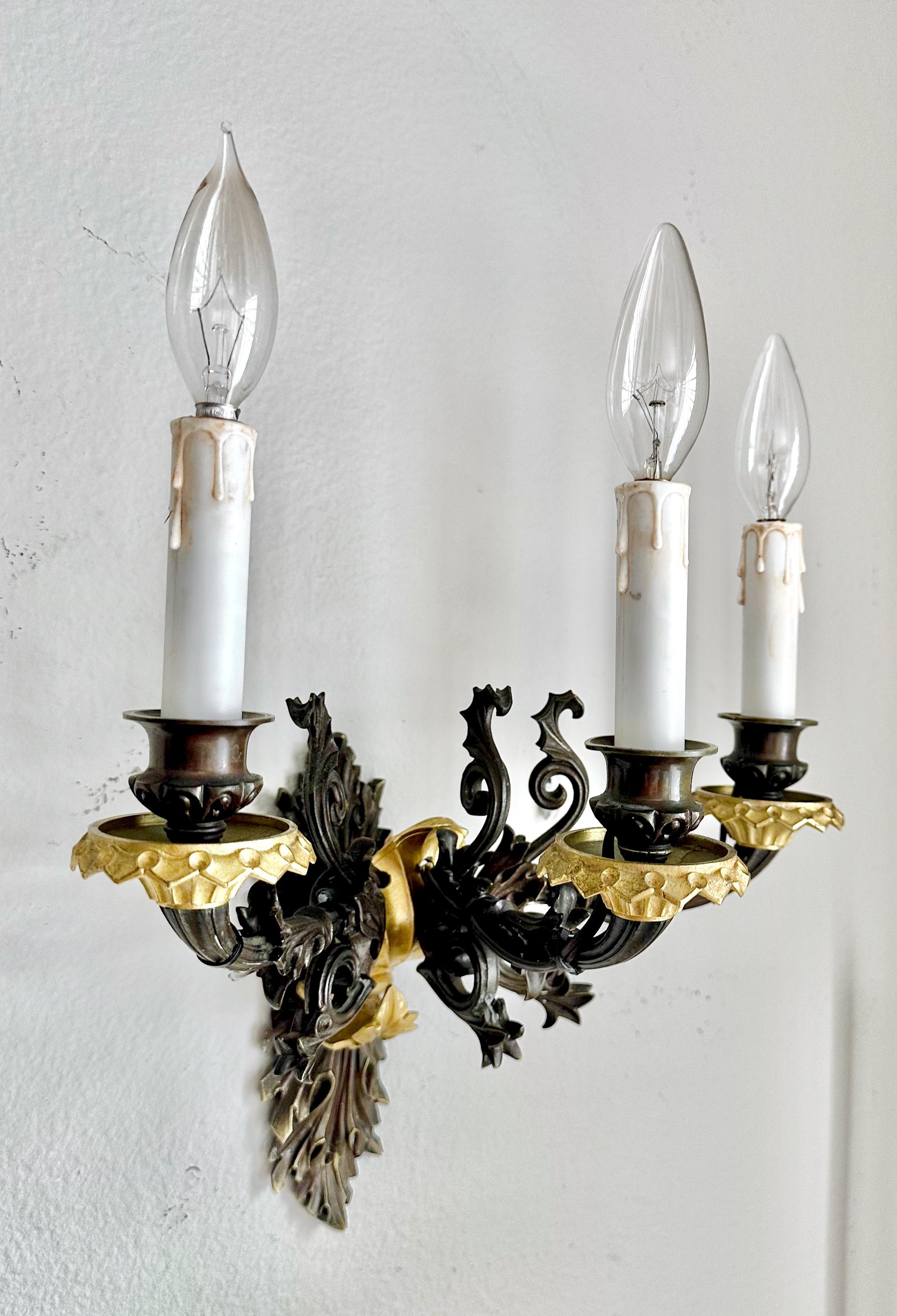 Pair French Empire 3 Arm Bronze Wall Sconces For Sale 5