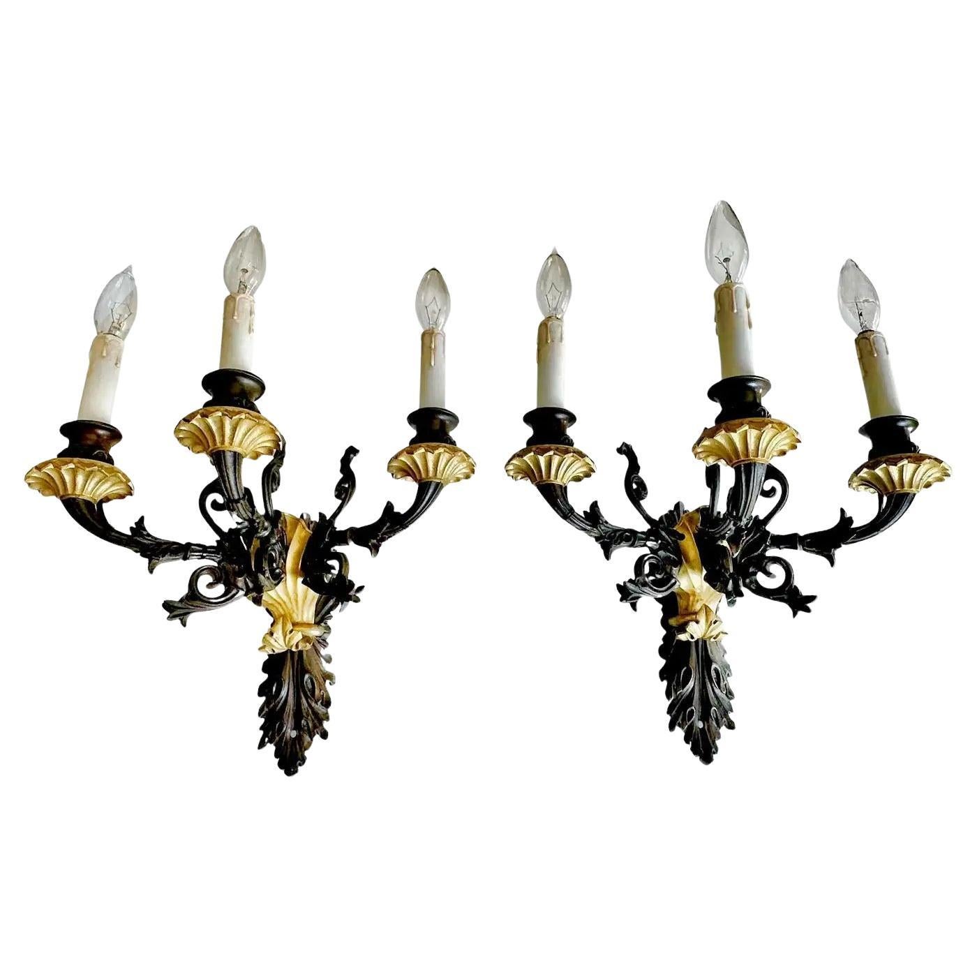 Pair French Empire 3 Arm Bronze Wall Sconces