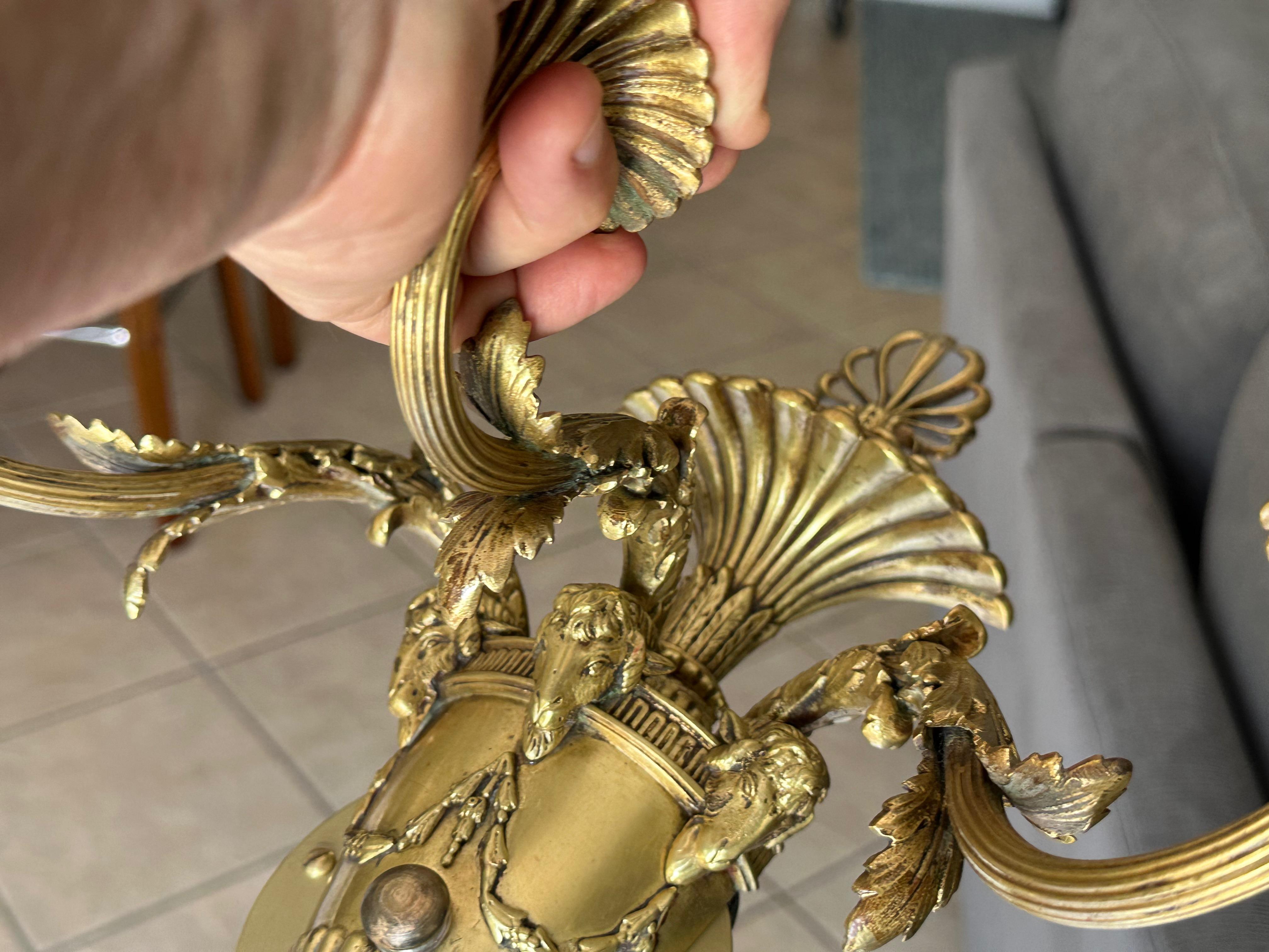 Pair French Empire 3 Arm Rams Head Wall Sconces en vente 4