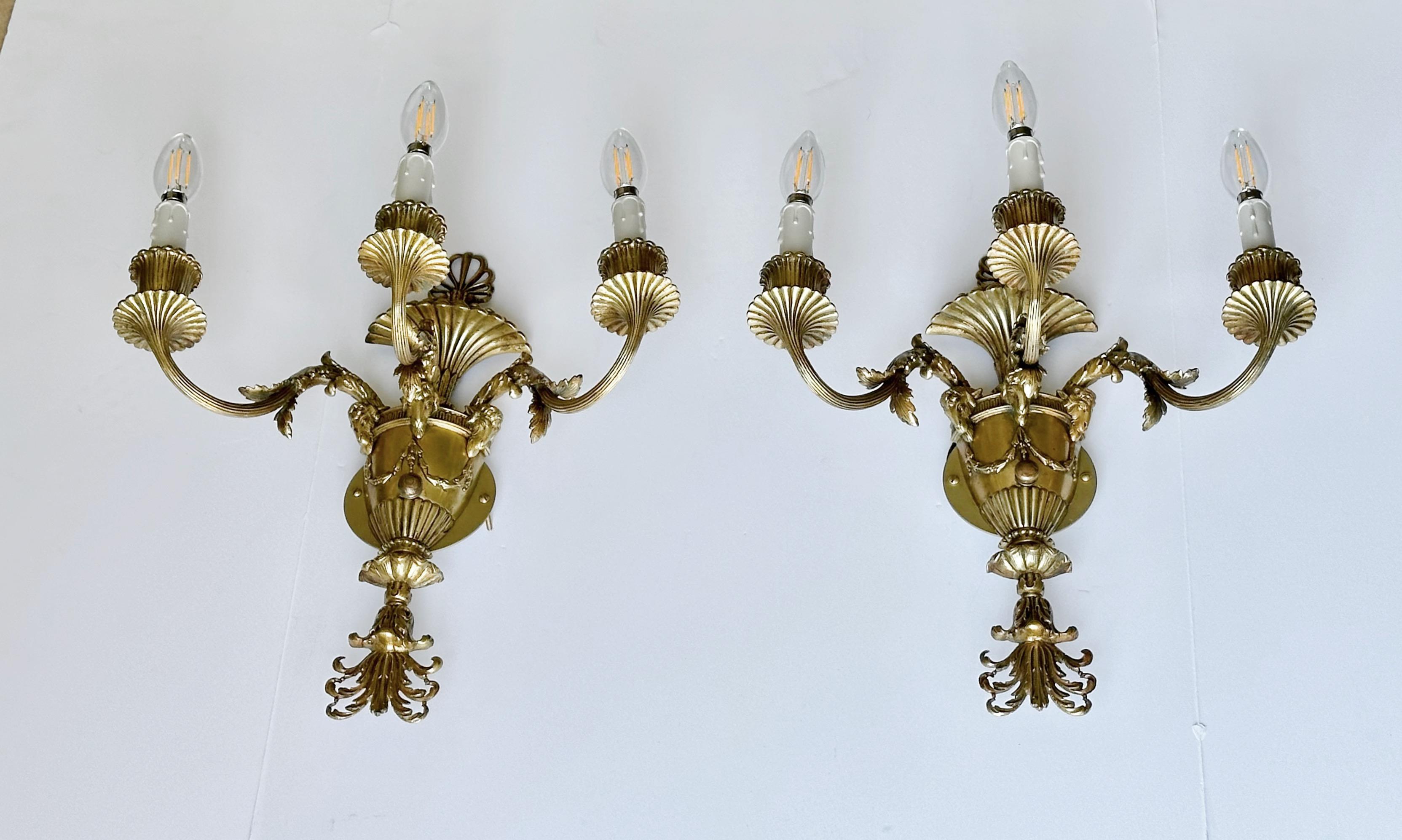Pair French Empire 3 Arm Rams Head Wall Sconces en vente 11
