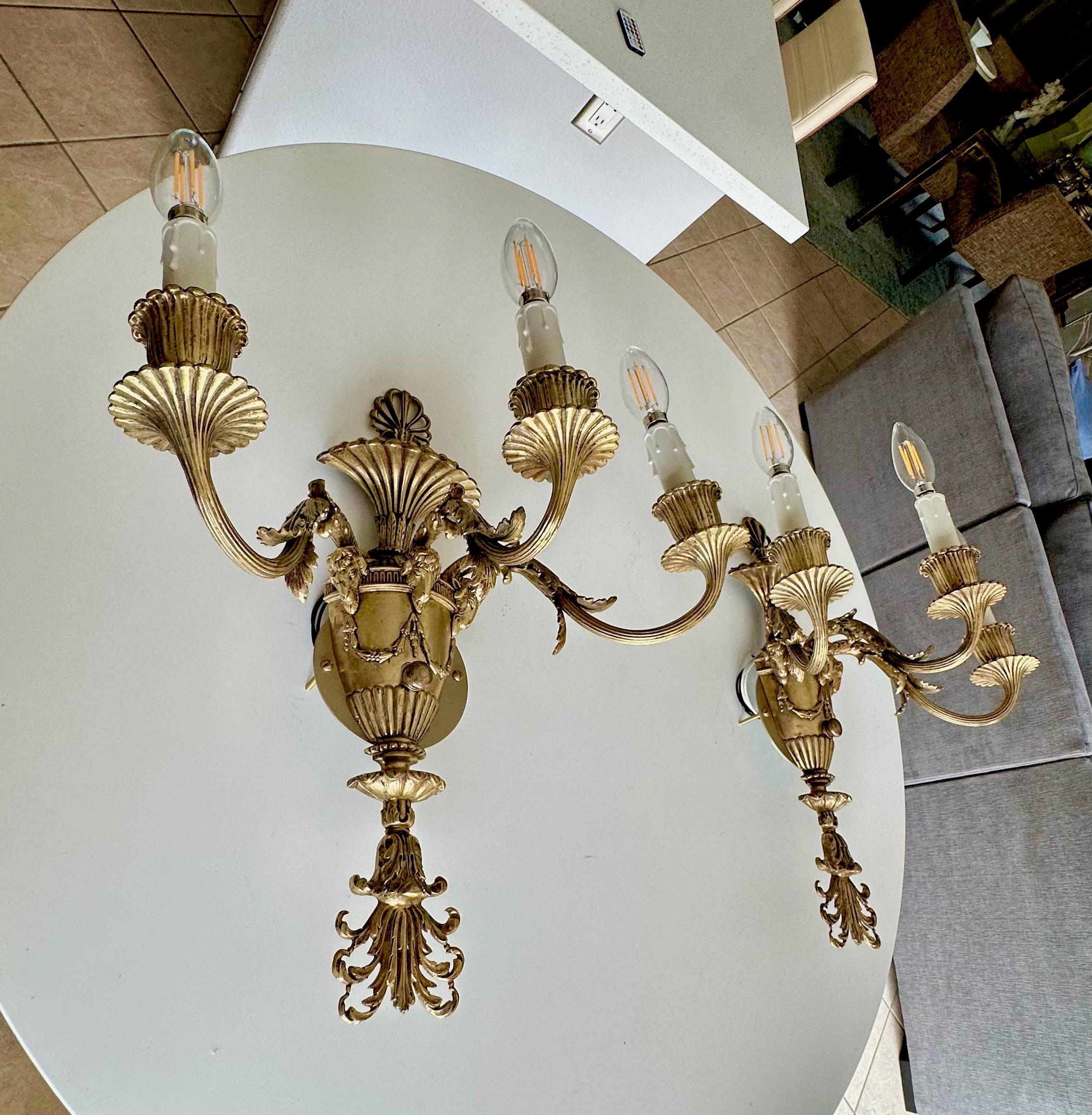 Pair French Empire 3 Arm Rams Head Wall Sconces en vente 2