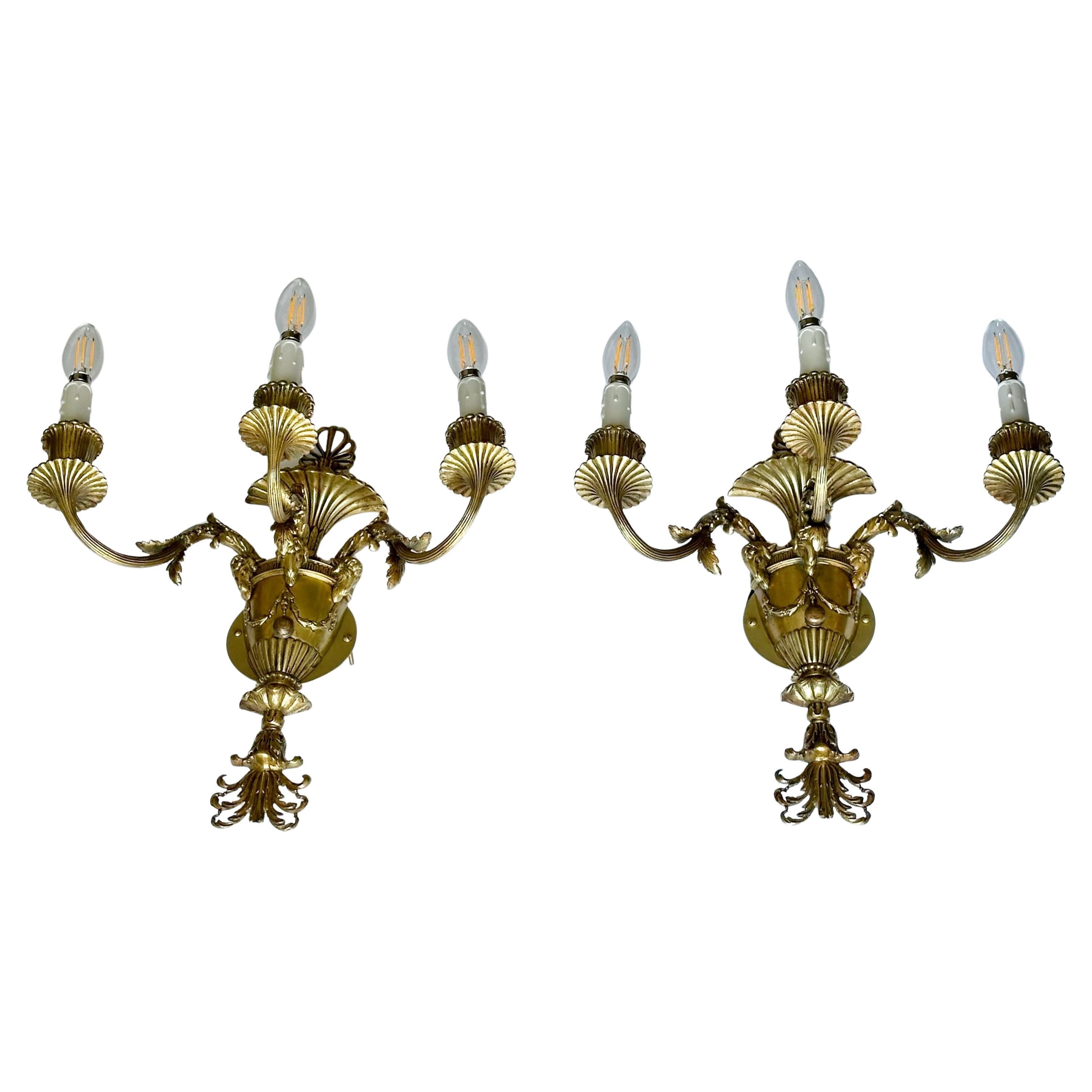 Pair French Empire 3 Arm Rams Head Wall Sconces en vente