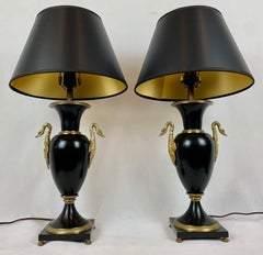 A Pair of French Empire Black Enameled Lamps with Gilt Bronze Trim