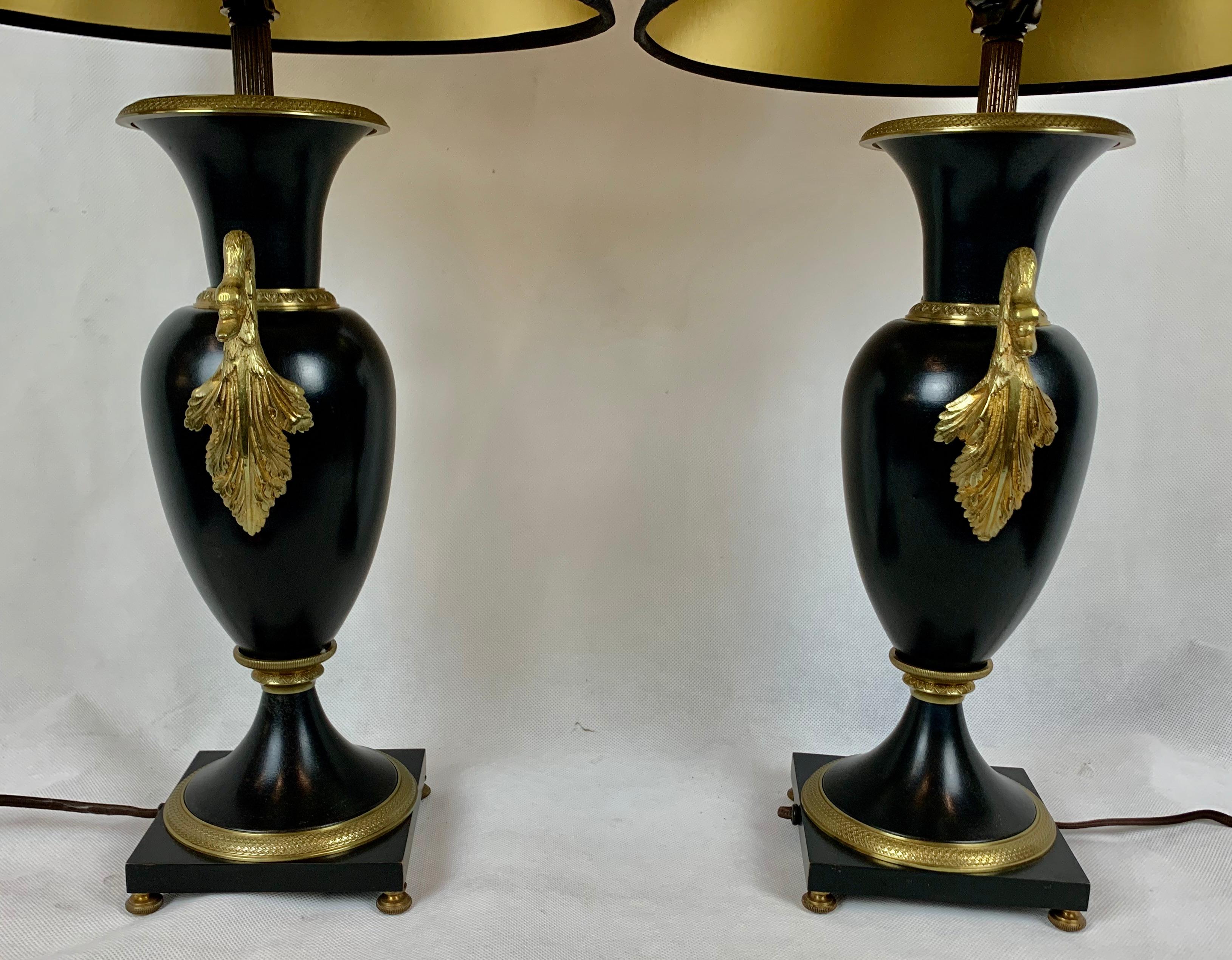Cast A Pair of French Empire Black Enameled Lamps with Gilt Bronze Trim