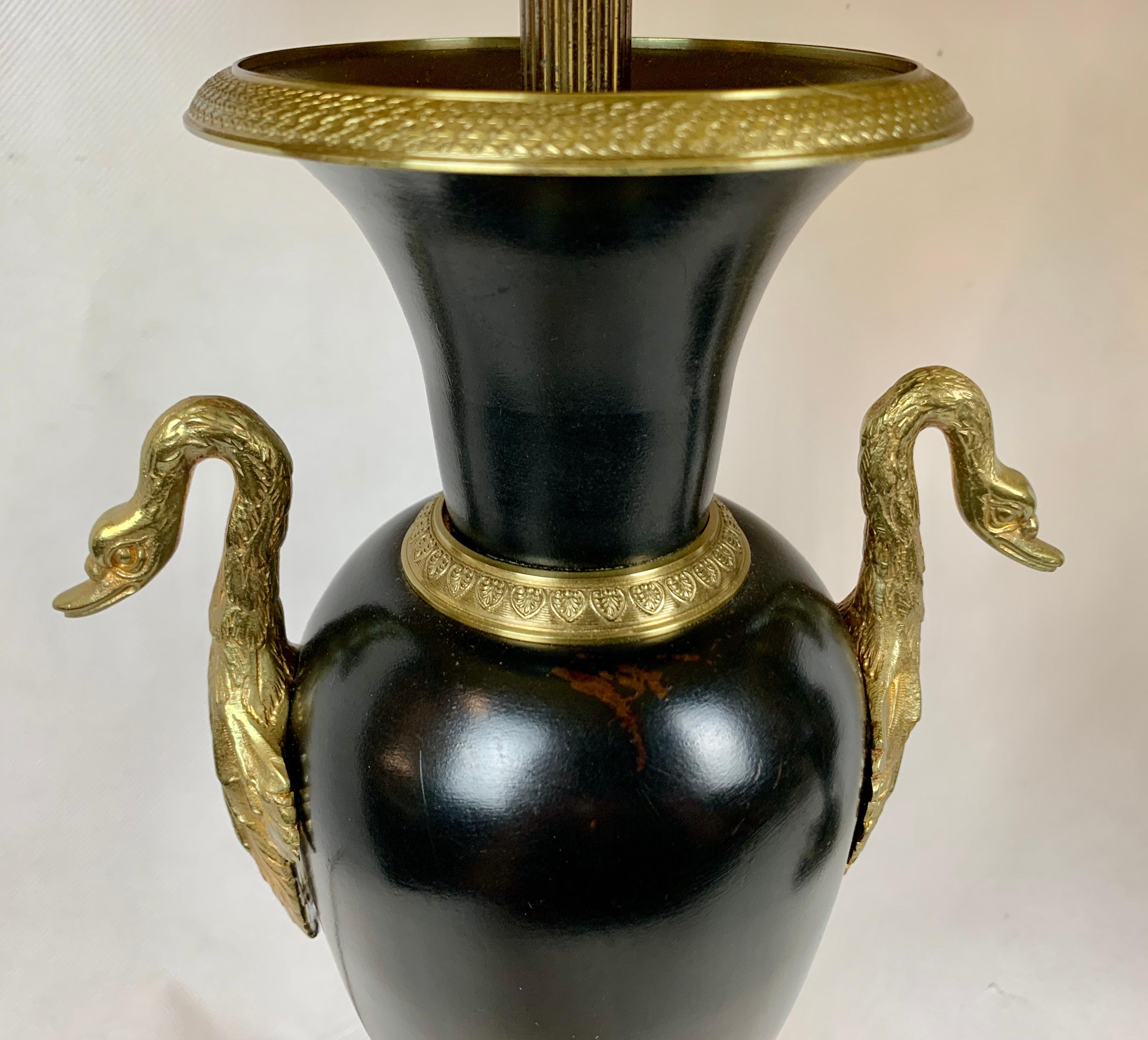 A Pair of French Empire Black Enameled Lamps with Gilt Bronze Trim In Good Condition In West Palm Beach, FL