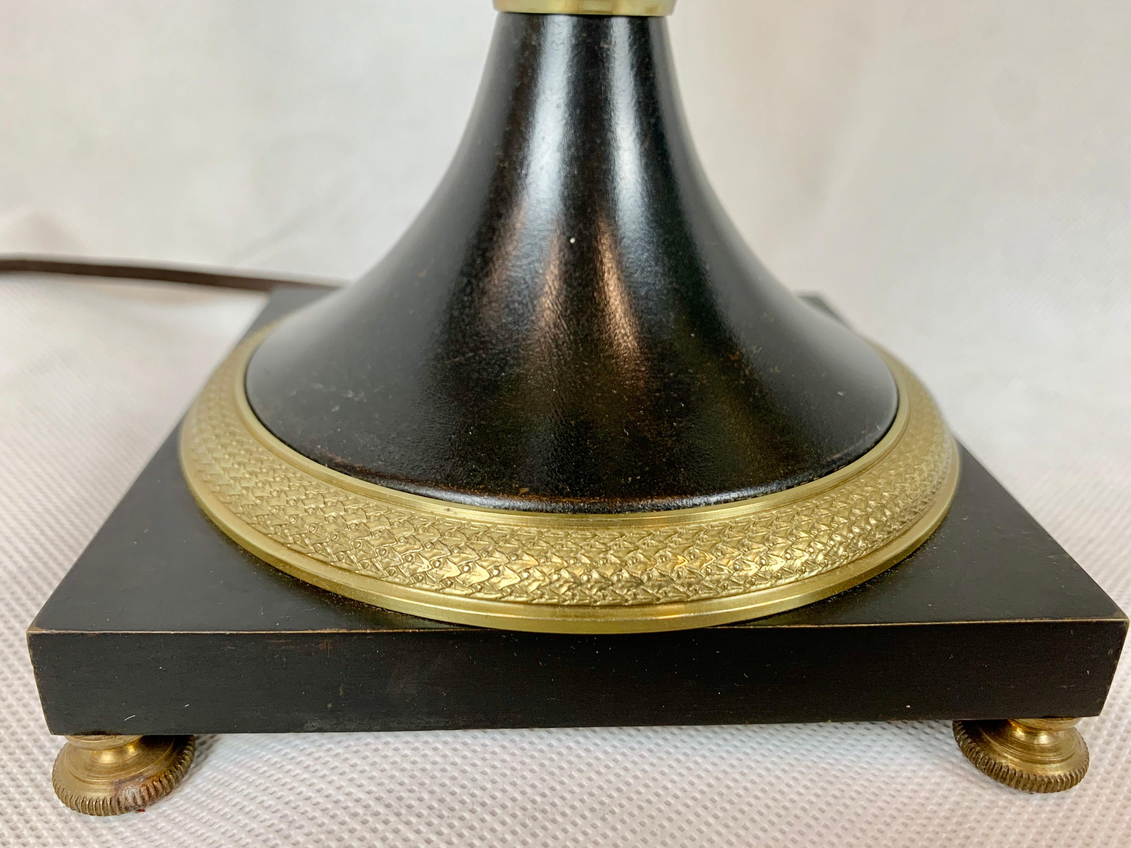 Early 20th Century A Pair of French Empire Black Enameled Lamps with Gilt Bronze Trim
