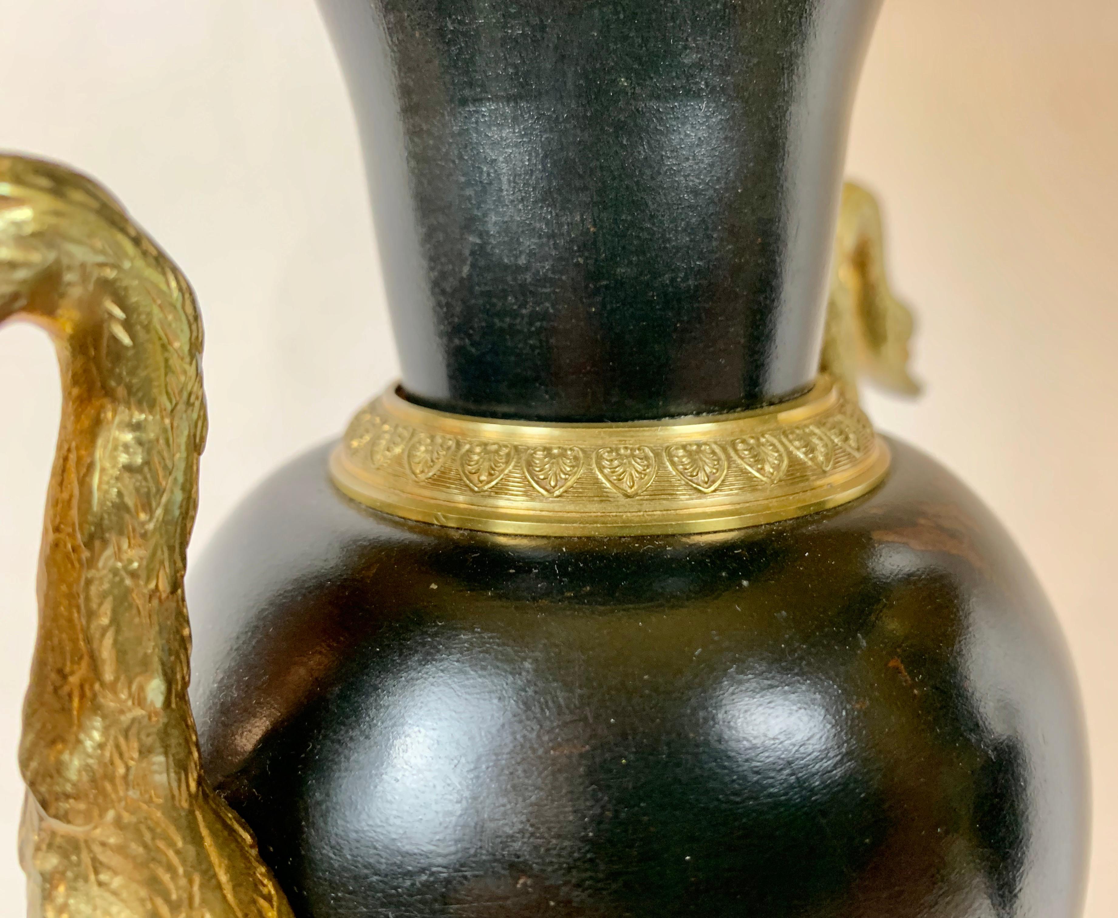 A Pair of French Empire Black Enameled Lamps with Gilt Bronze Trim 2