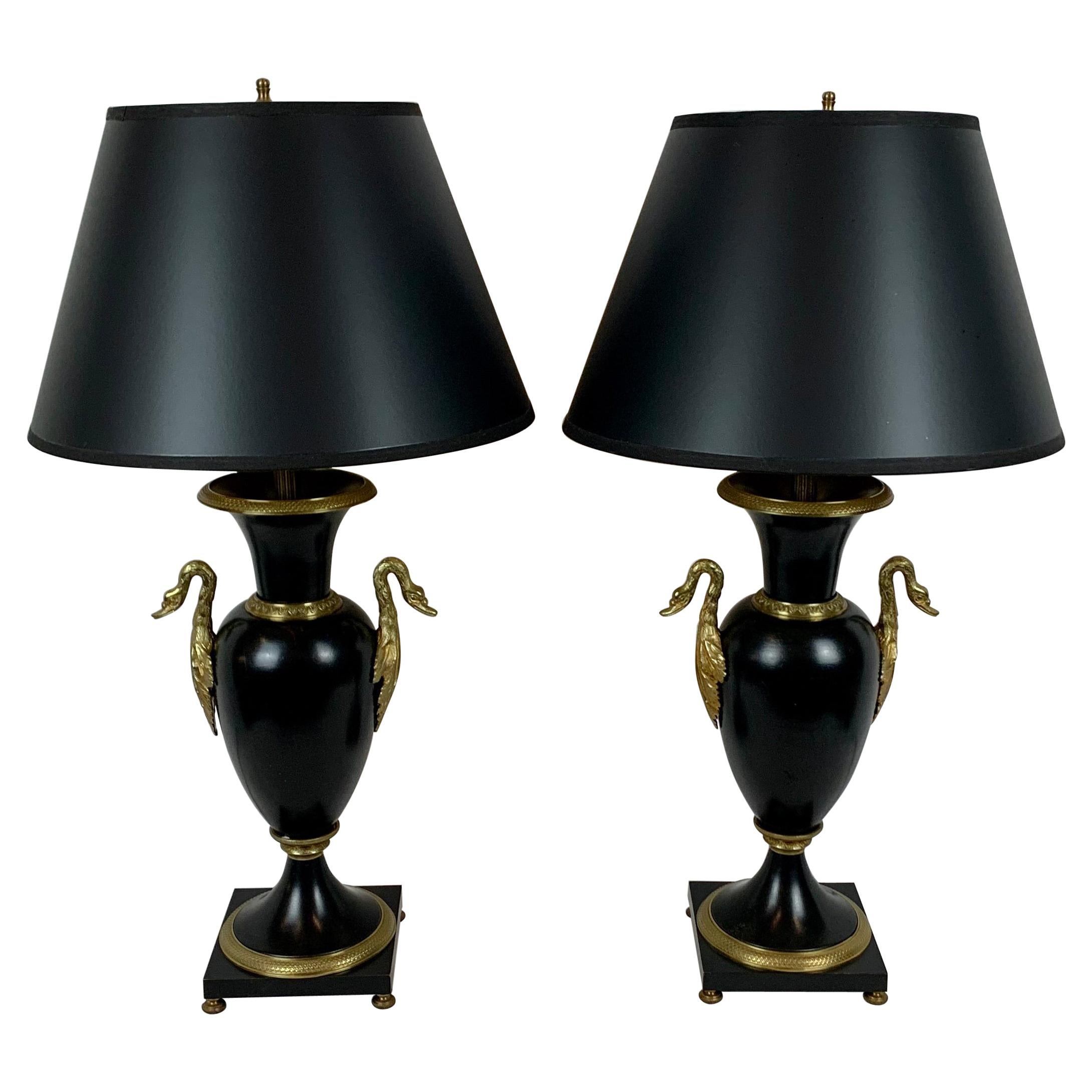A Pair of French Empire Black Enameled Lamps with Gilt Bronze Trim