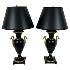 A Pair of French Empire Black Enameled Lamps with Gilt Bronze Trim