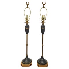 Pair French Empire Brass, Ebonized & Giltwood Wood Table / Buffet Lamp