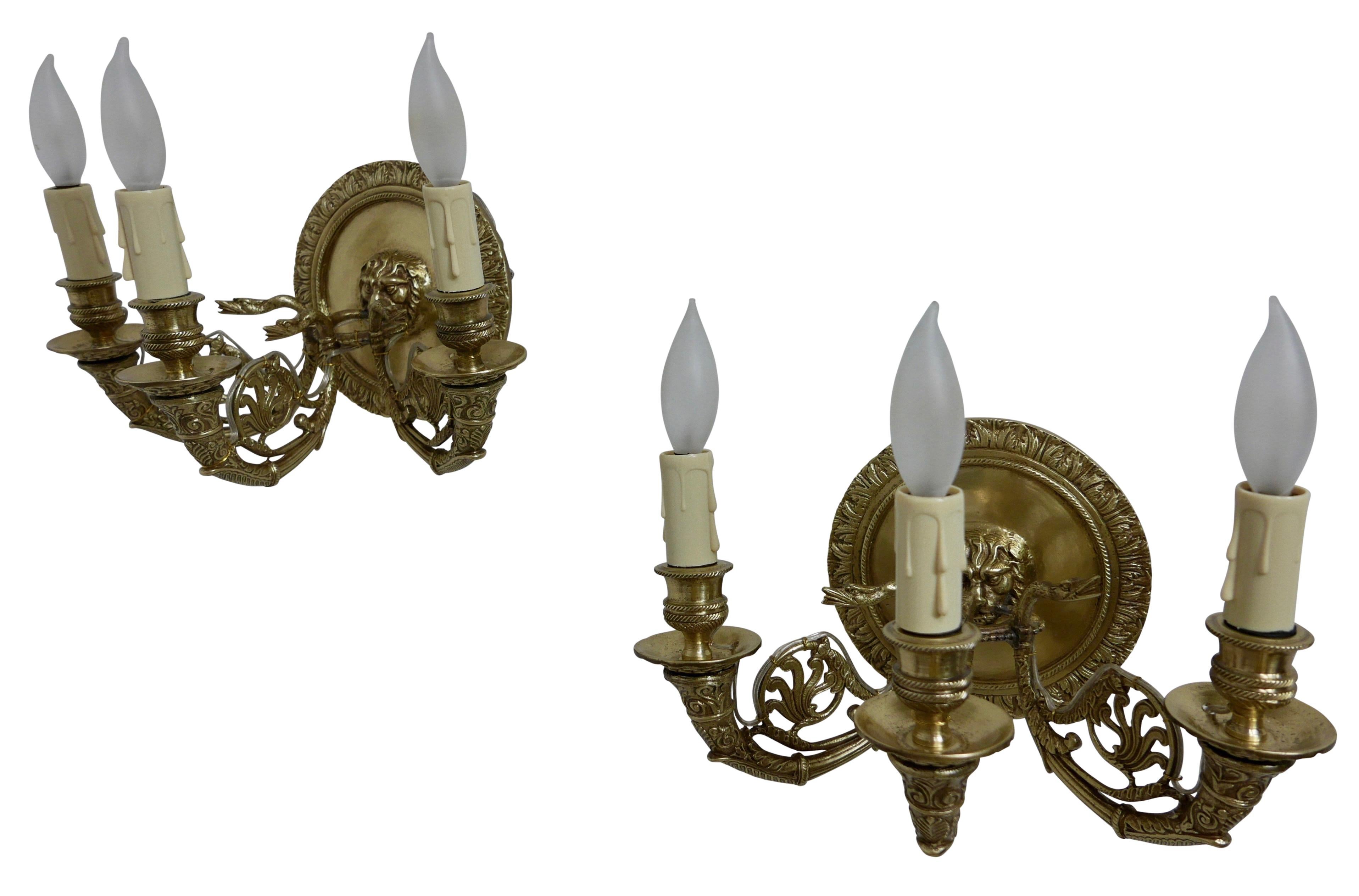 Pair of French Empire Brass Sconces, Early 19th Century In Good Condition For Sale In San Francisco, CA