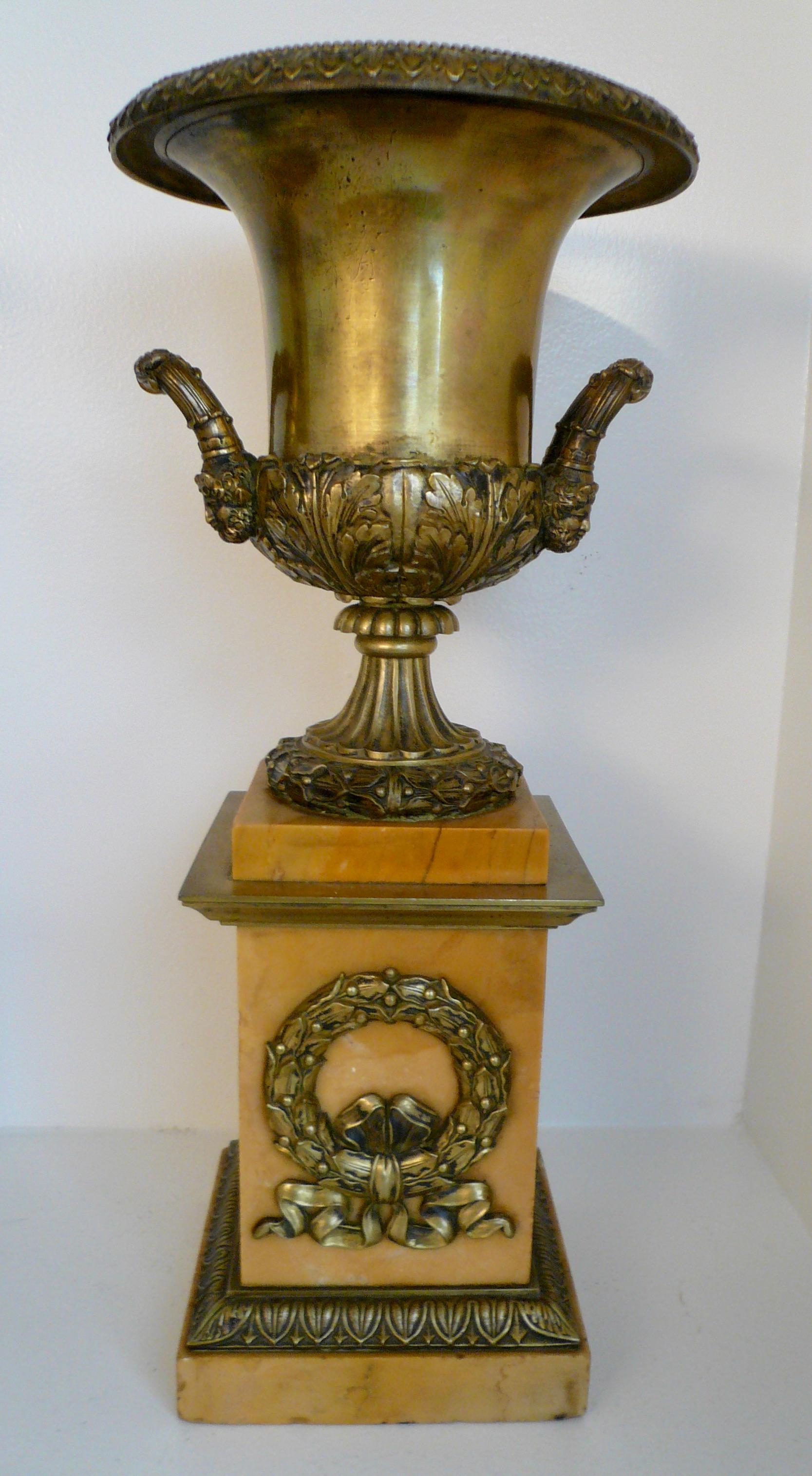 Pair French Empire Bronze and Marble Campana Form Urns For Sale 6