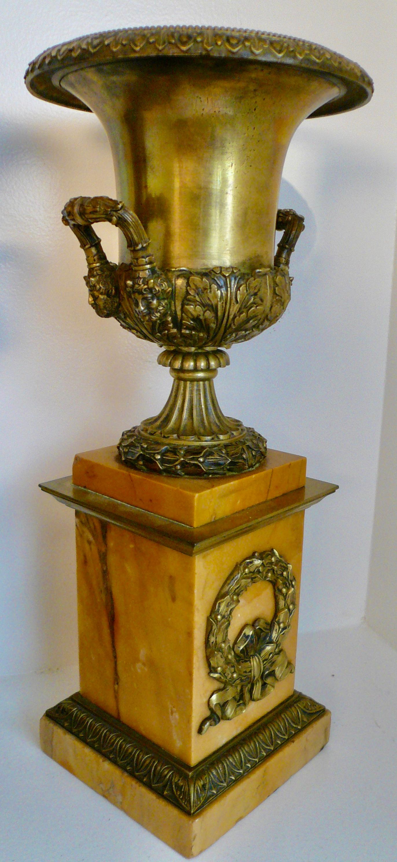 19th Century Pair French Empire Bronze and Marble Campana Form Urns For Sale
