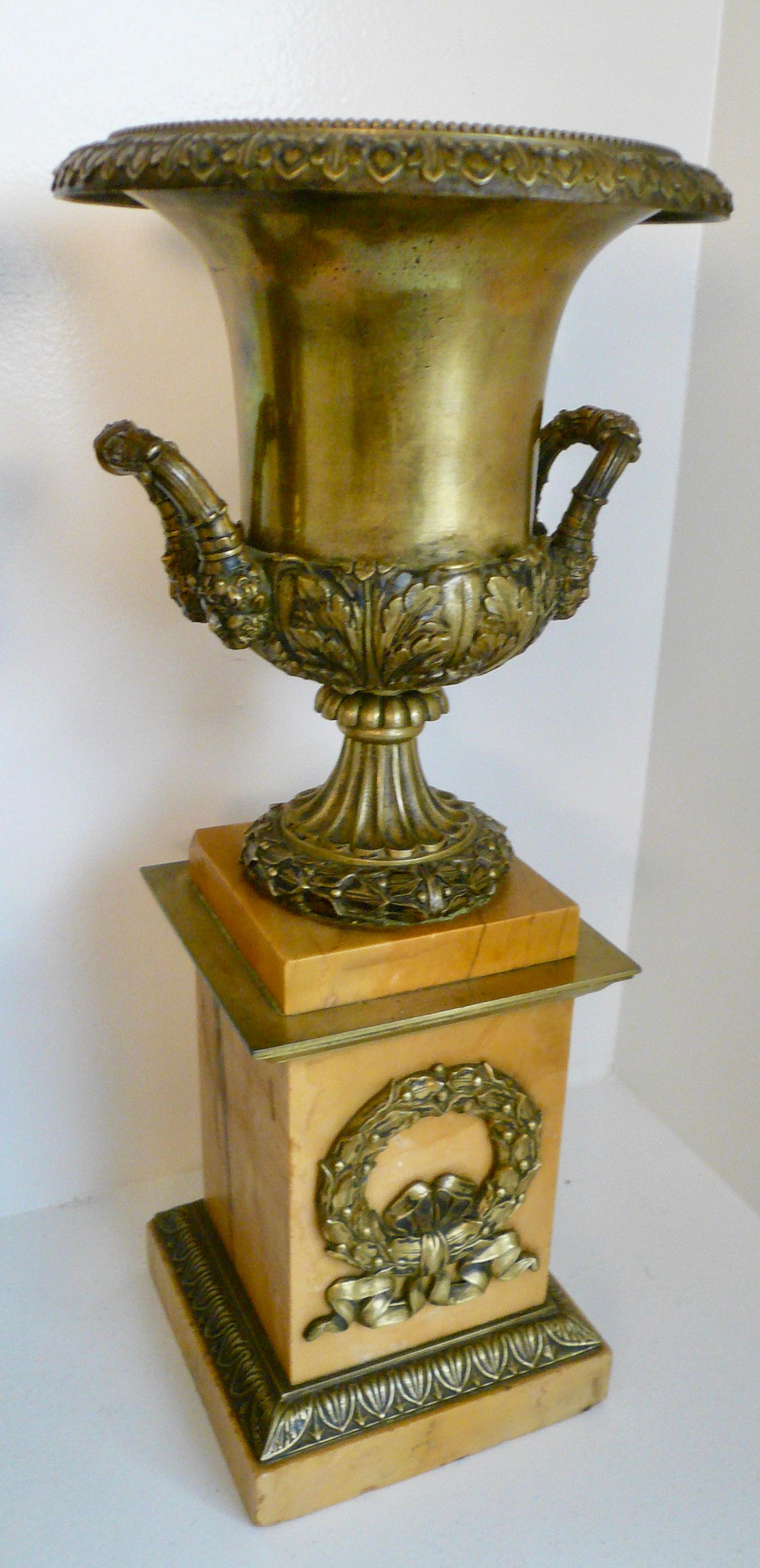 Pair French Empire Bronze and Marble Campana Form Urns For Sale 2