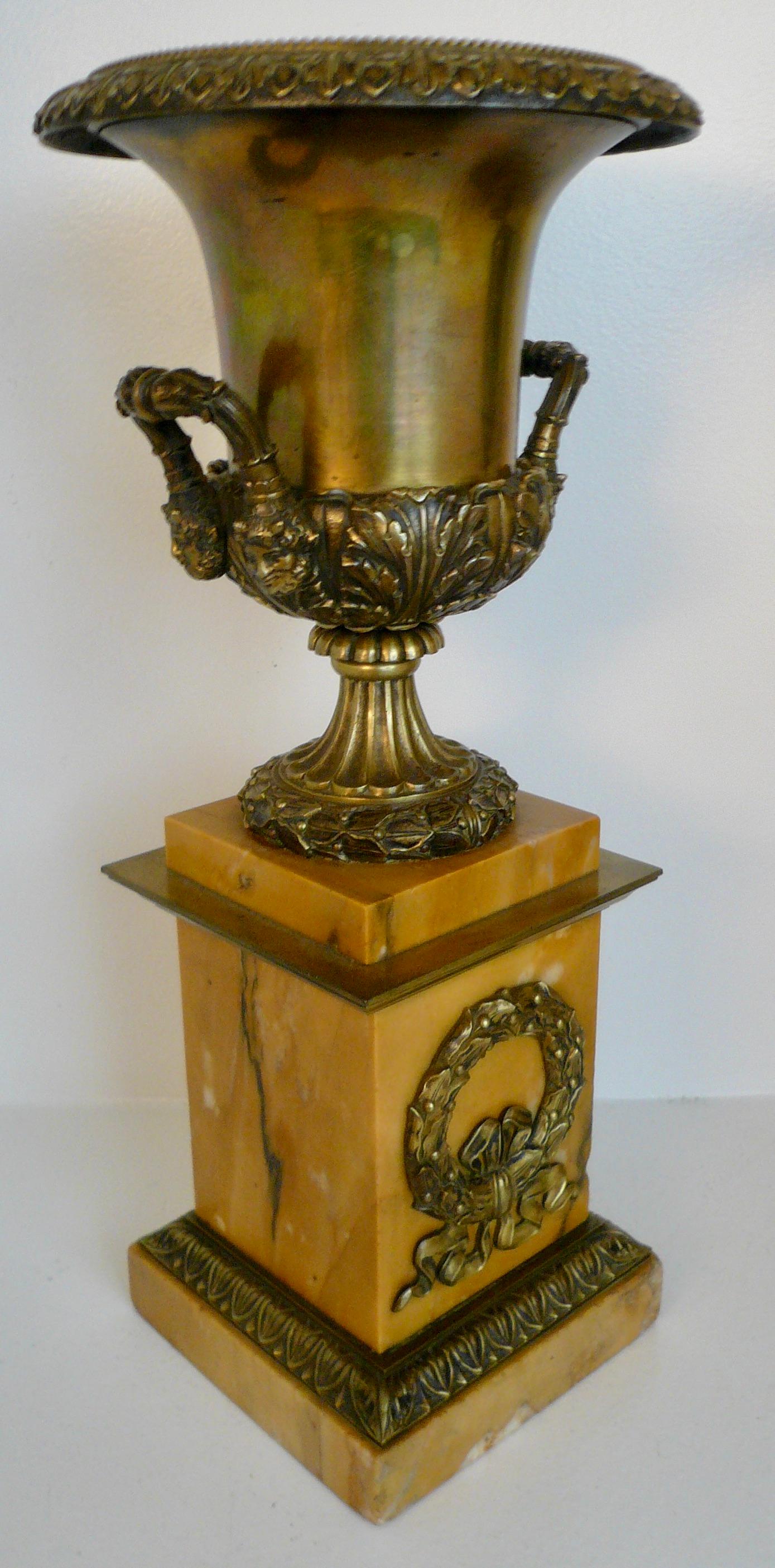 Pair French Empire Bronze and Marble Campana Form Urns For Sale 4