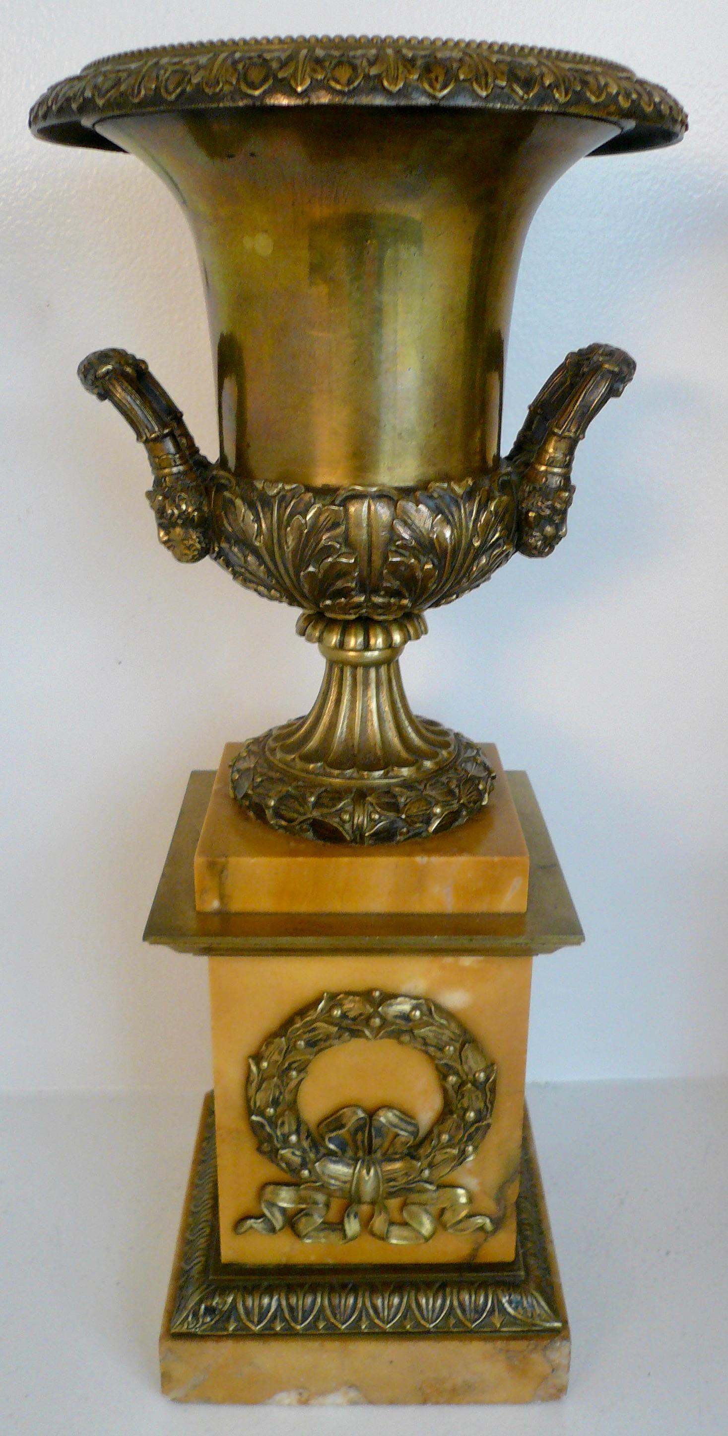 Pair French Empire Bronze and Marble Campana Form Urns For Sale 5