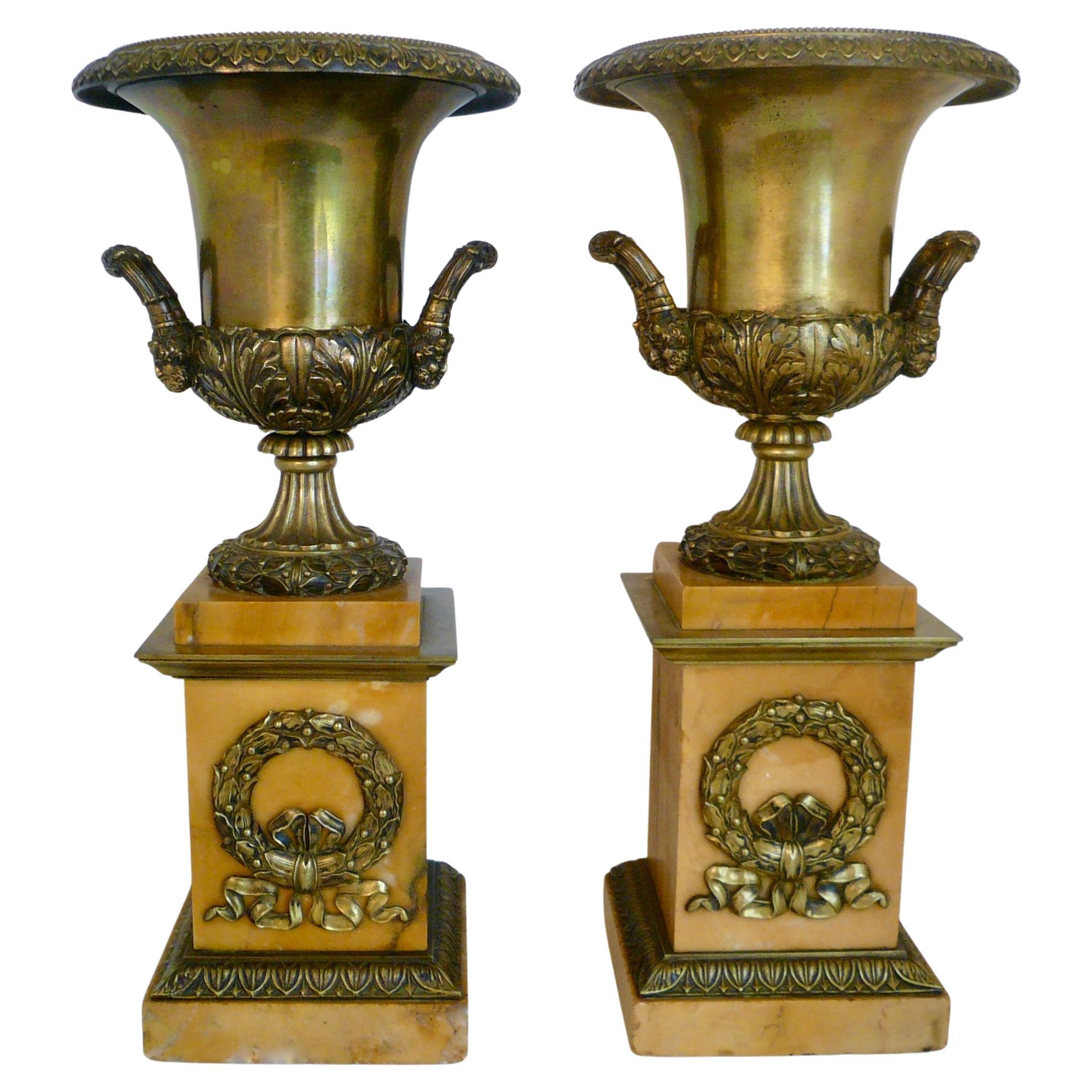 Pair French Empire Bronze and Marble Campana Form Urns For Sale