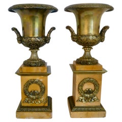 Pair French Empire Bronze and Marble Campana Form Urns