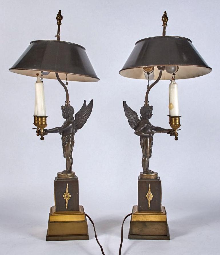 19th Century Pair French Empire Bronze Bouillotte Lamps