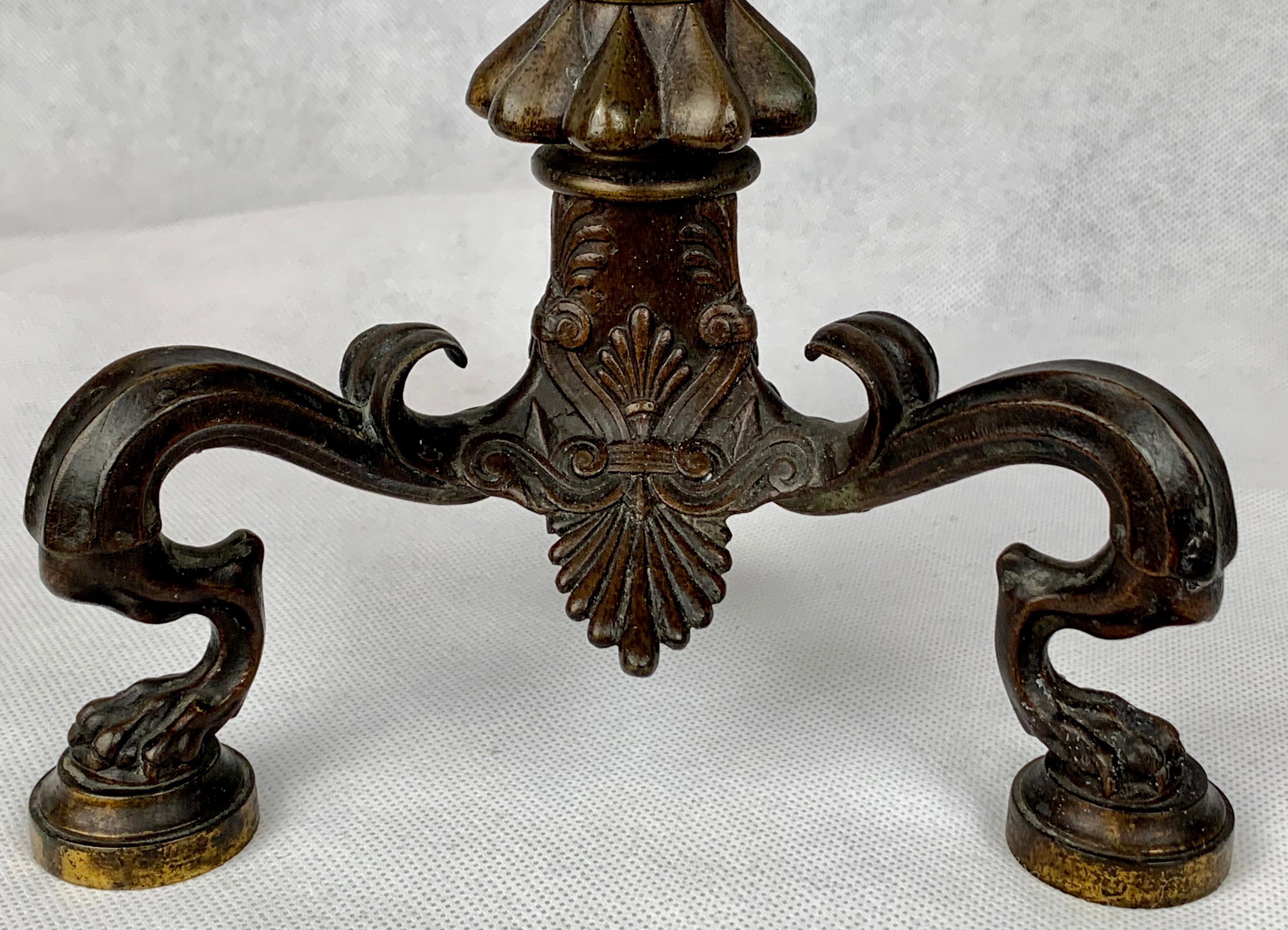 Hand-Crafted French Empire Patinated Bronze Tripod Candelabras, Lion's Paw Feet, 19th c. For Sale